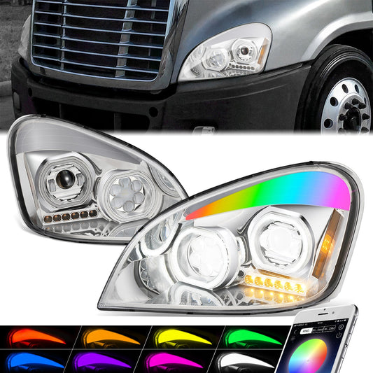 RGB LED DRL Halo Ring Projector Headlights <br>08-17 Freightliner Cascadia