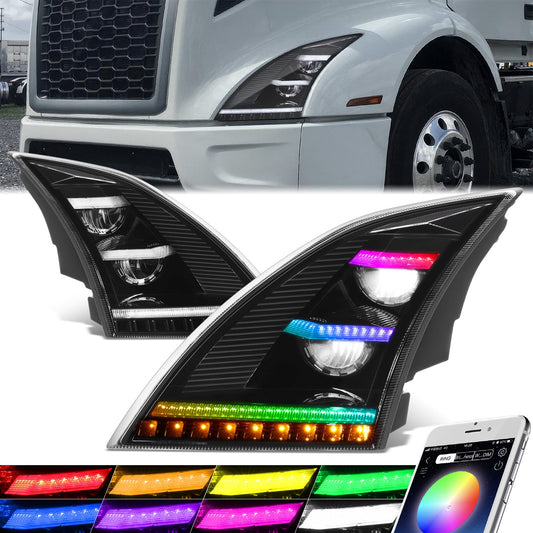 RGB LED DRL Sequential Turn Signal Headlights <br>18-21 Volvo VNL/VNR, VNL/VNR 300-400