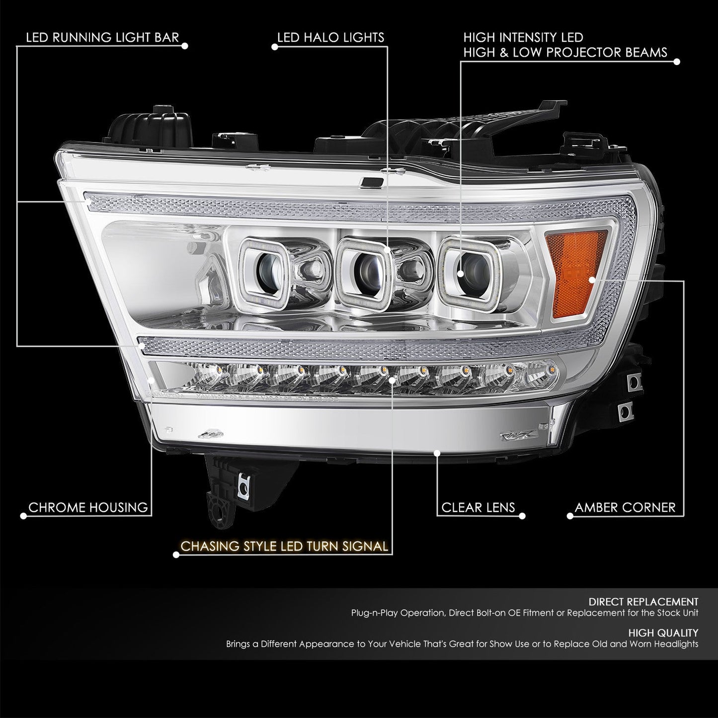 Sequential Full LED DRL Projector Headlights <br>19-24 Ram 1500