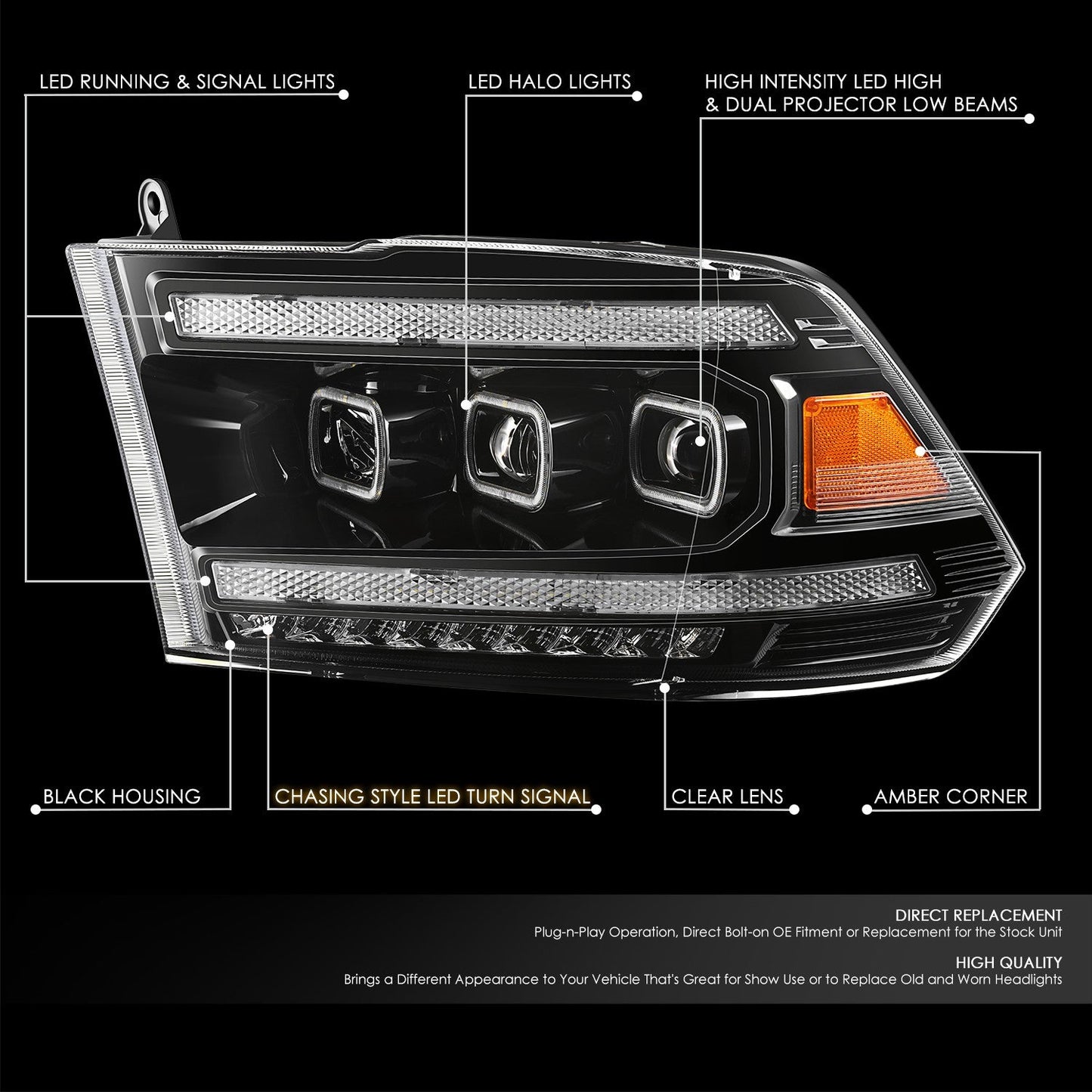 Sequential Full LED DRL Projector Headlights <br>13-18 Ram 1500, 2500, 3500, 19-24 Classic