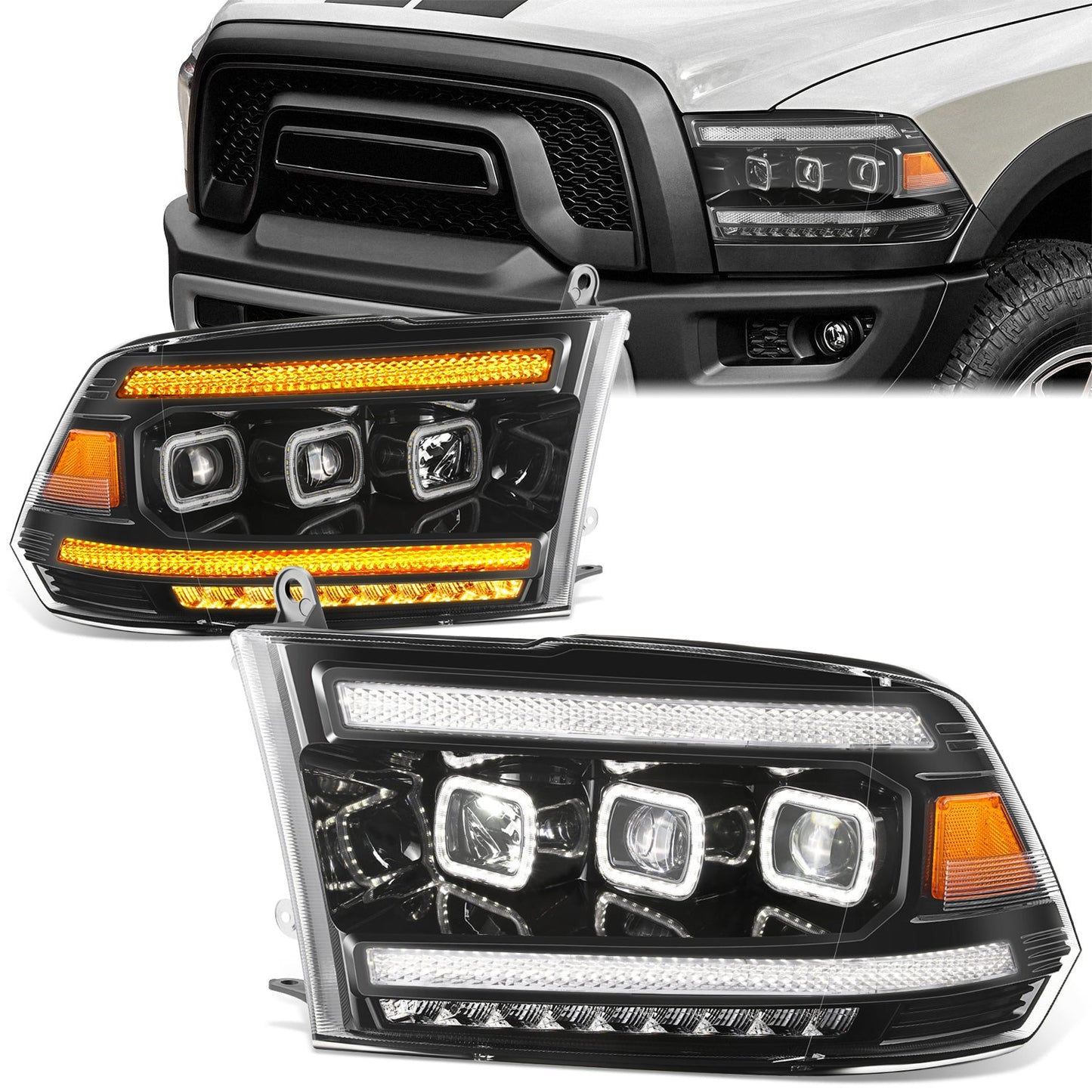 Sequential Full LED DRL Projector Headlights <br>13-18 Ram 1500, 2500, 3500, 19-24 Classic