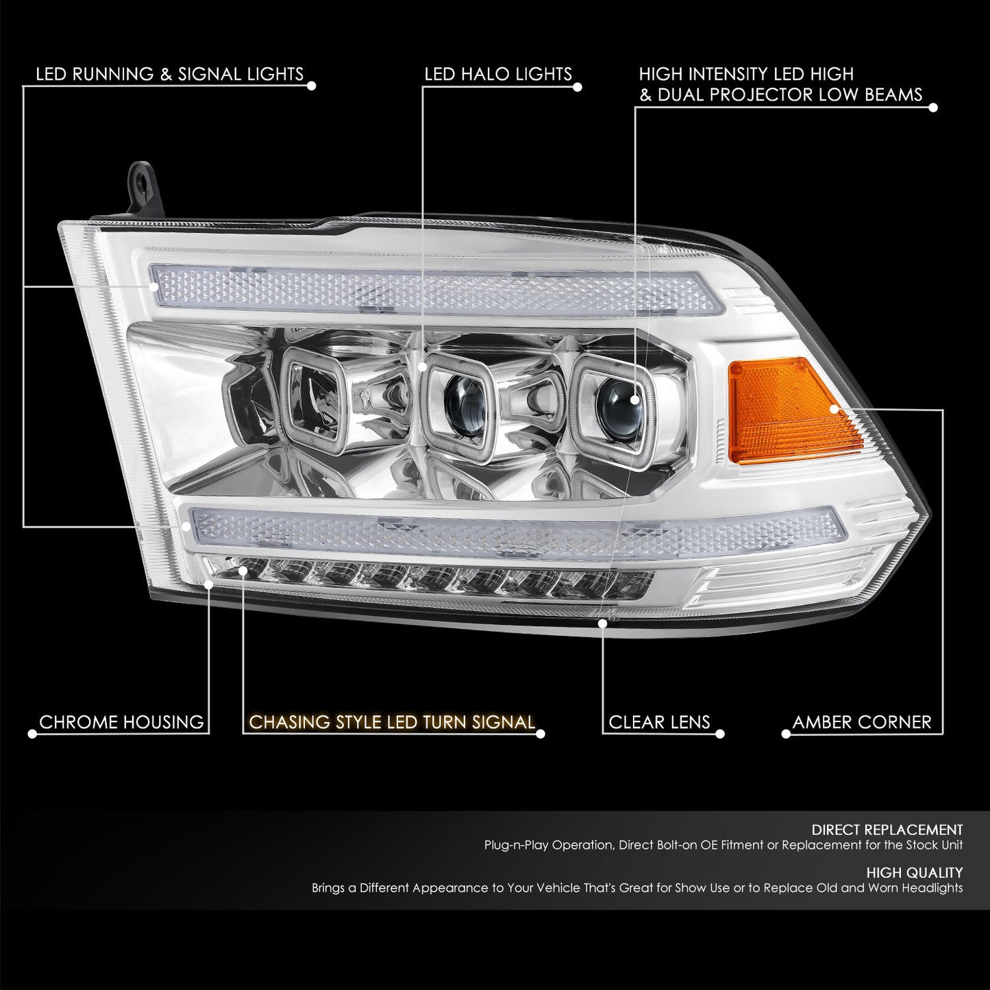 Sequential Full LED DRL Projector Headlights <br>13-18 Ram 1500, 2500, 3500, 19-24 Classic