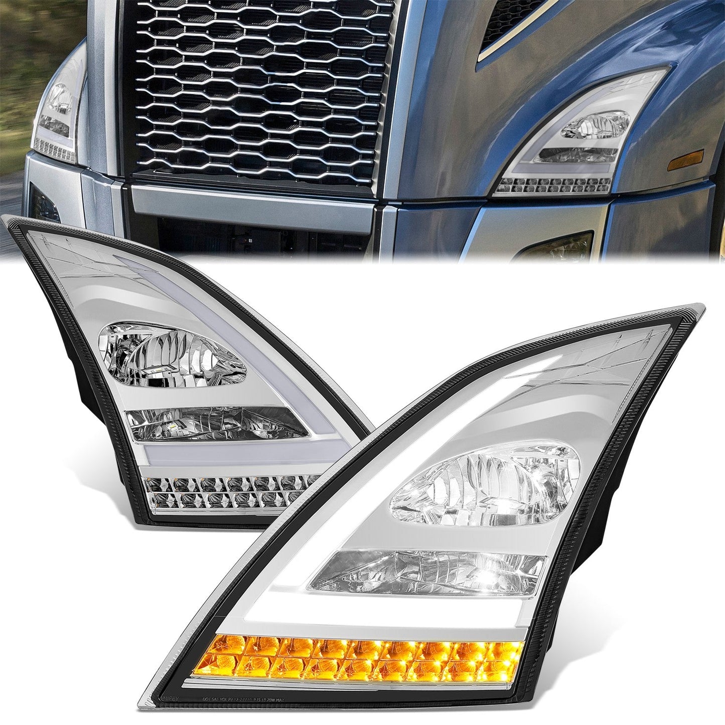 3D LED DRL Sequential Turn Signal Headlights <BR>18-24 Volvo VN VNL 300 400 430 630 740 760 860