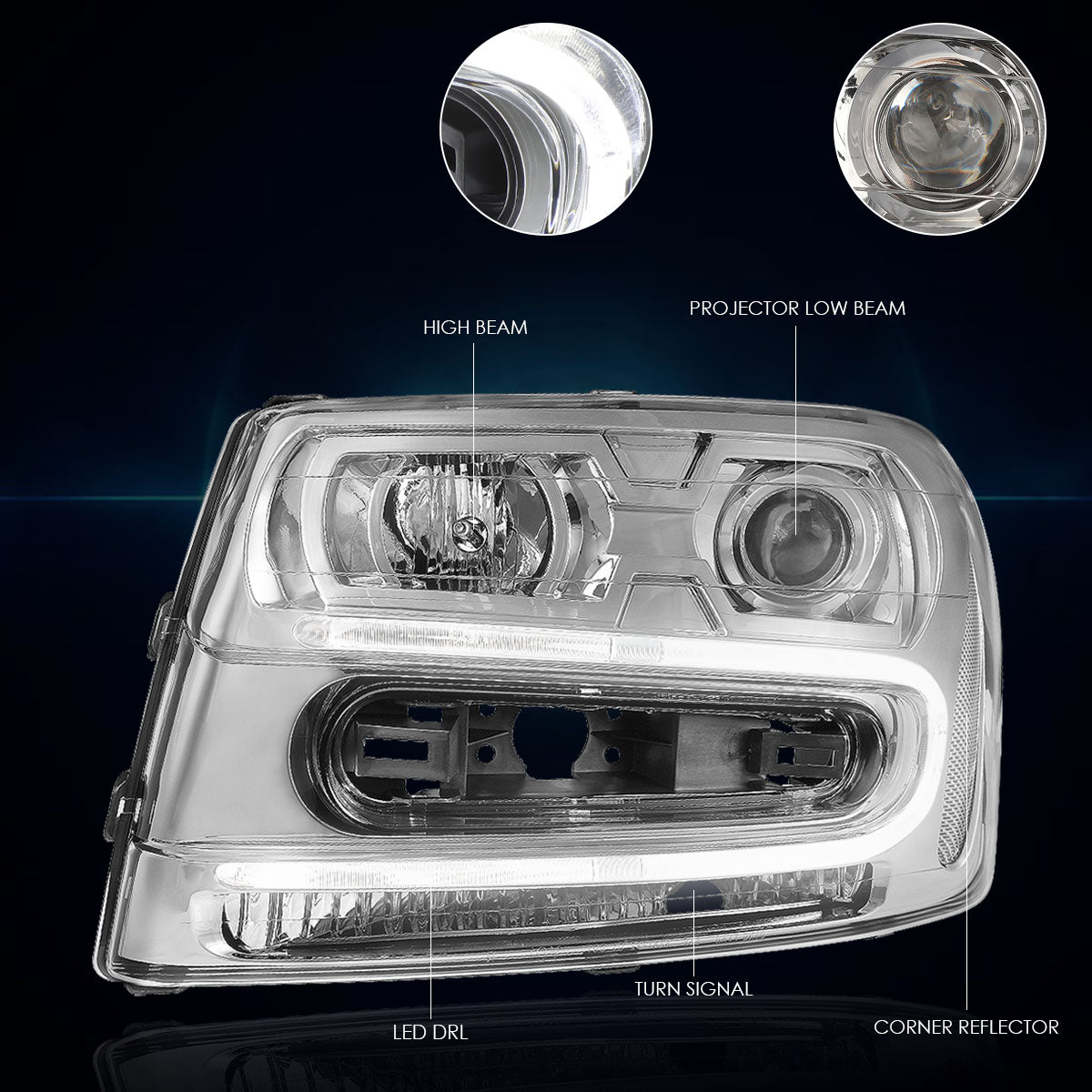 Chrome Housing LED DRL Projector Headlights <br> 02-09 Chevy Trailblazer