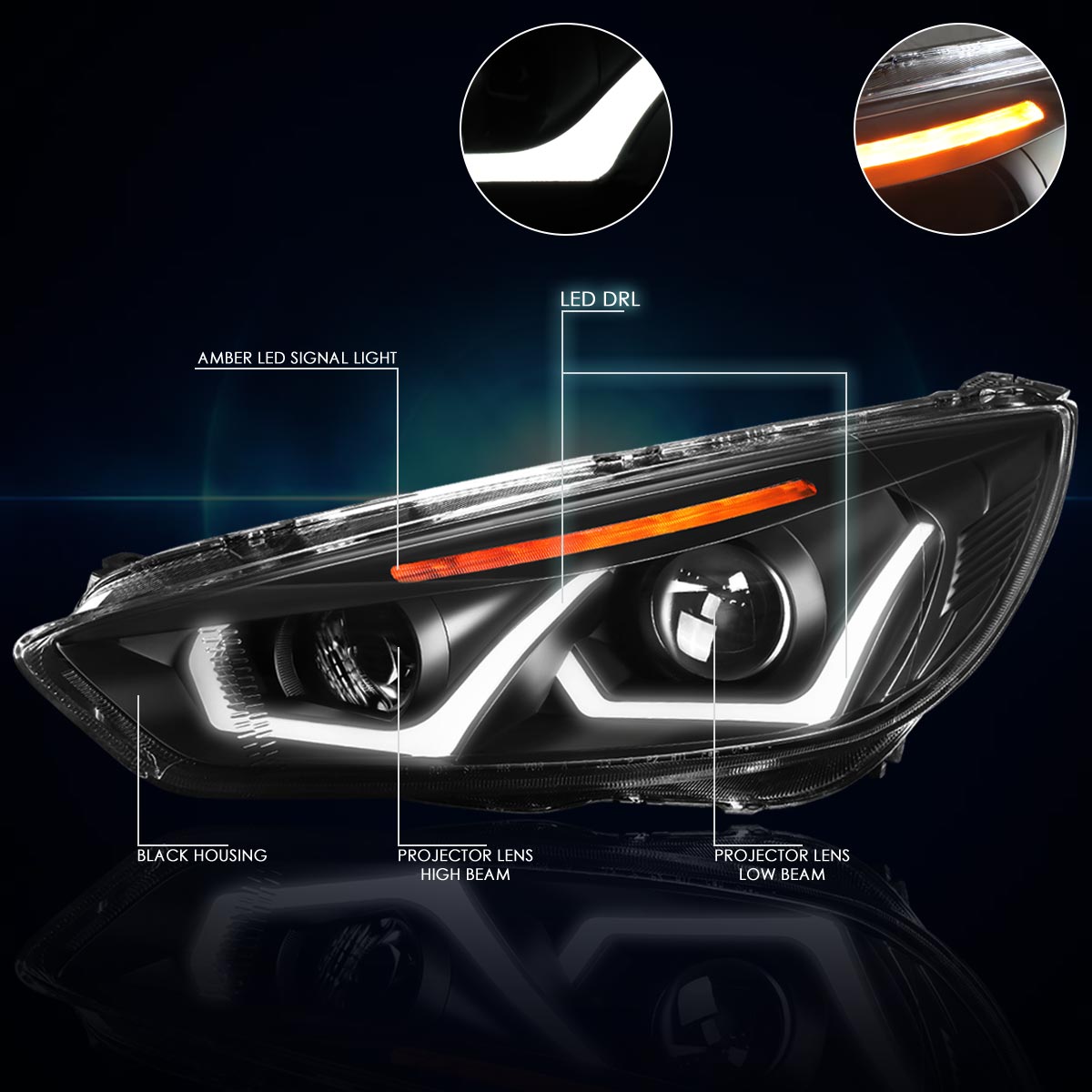 Black Housing LED DRL Halo Projector Headlights <br> 15-17 Ford Focus