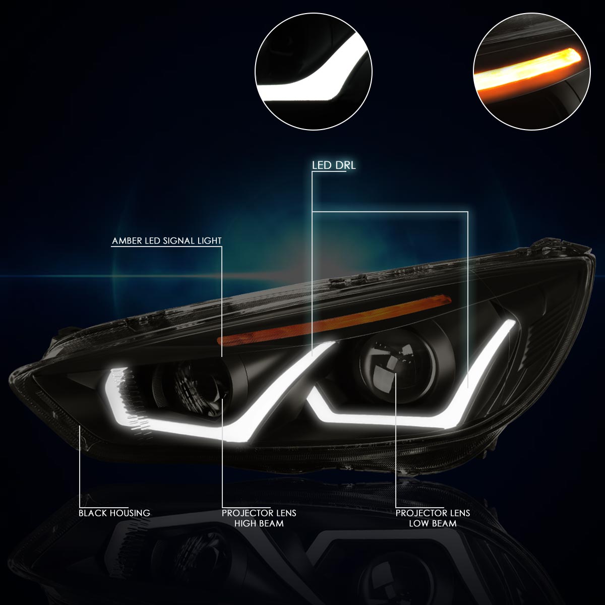 Black Housing LED DRL Halo Projector Headlights <br> 15-17 Ford Focus