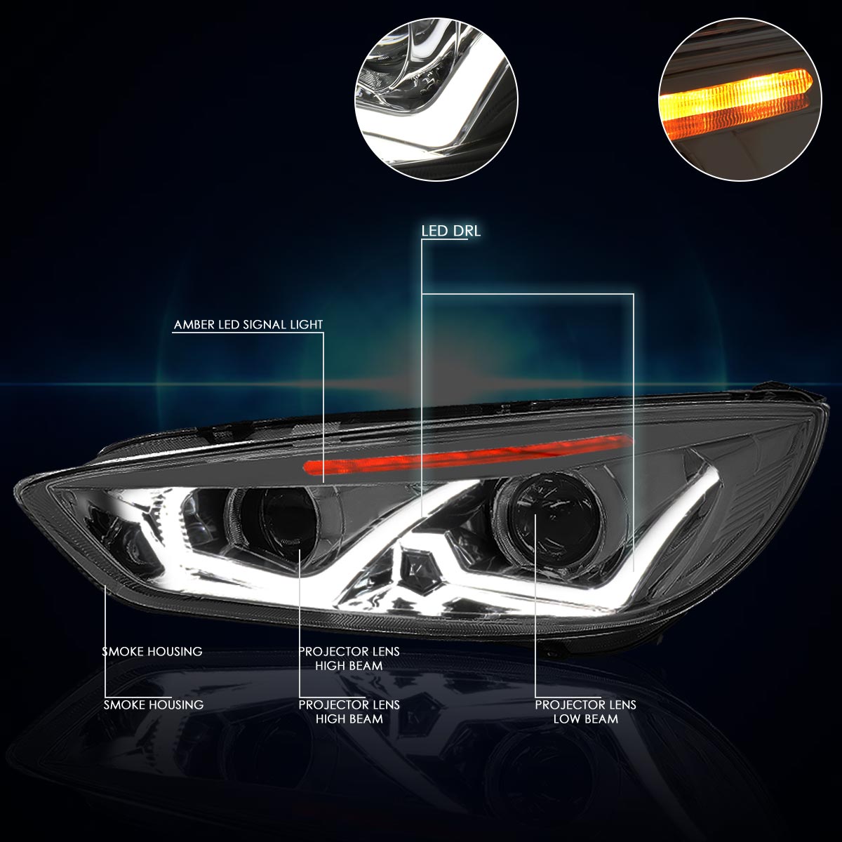 Chrome Housing LED DRL Halo Projector Headlights <br> 15-17 Ford Focus