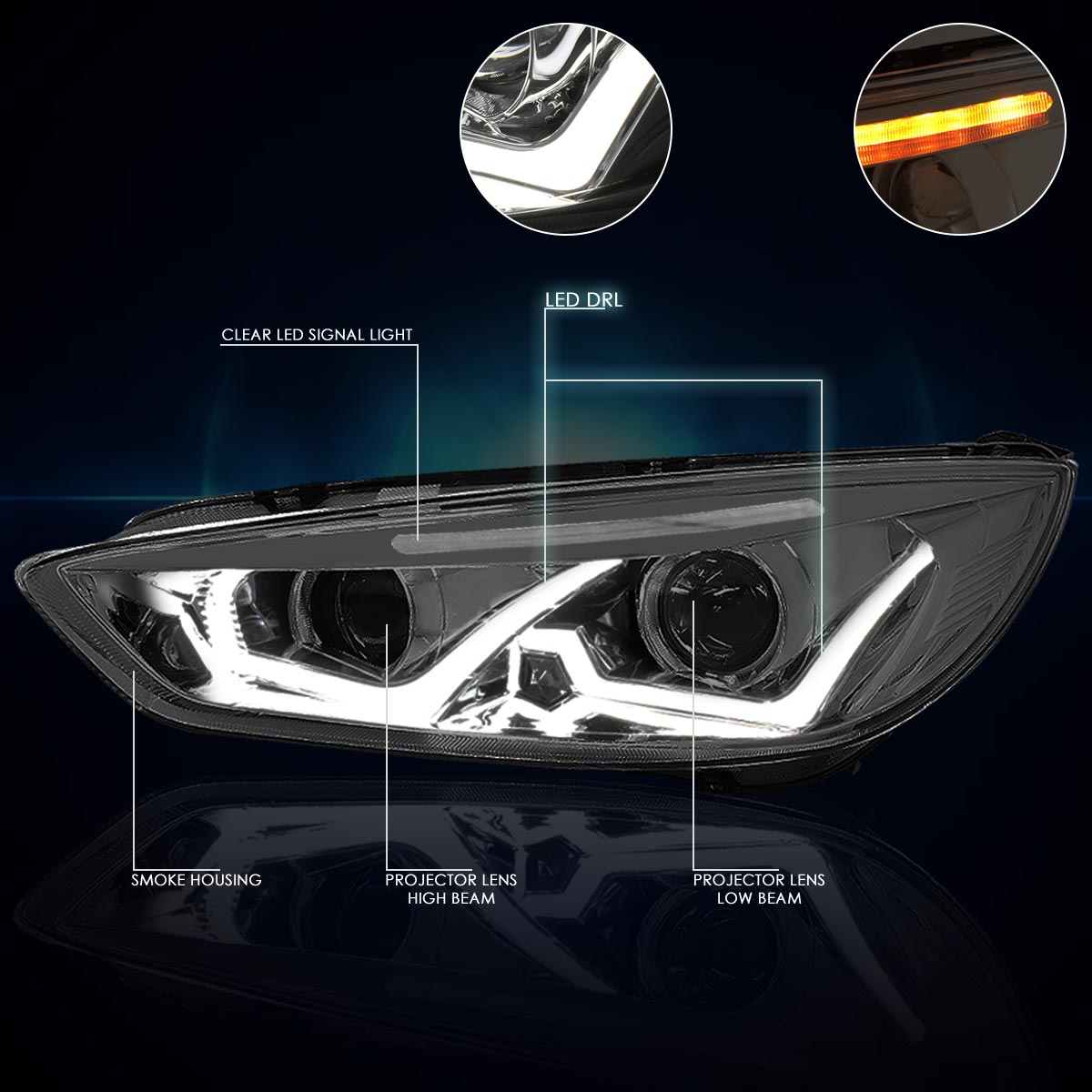 Chrome Housing LED DRL Halo Projector Headlights <br> 15-17 Ford Focus