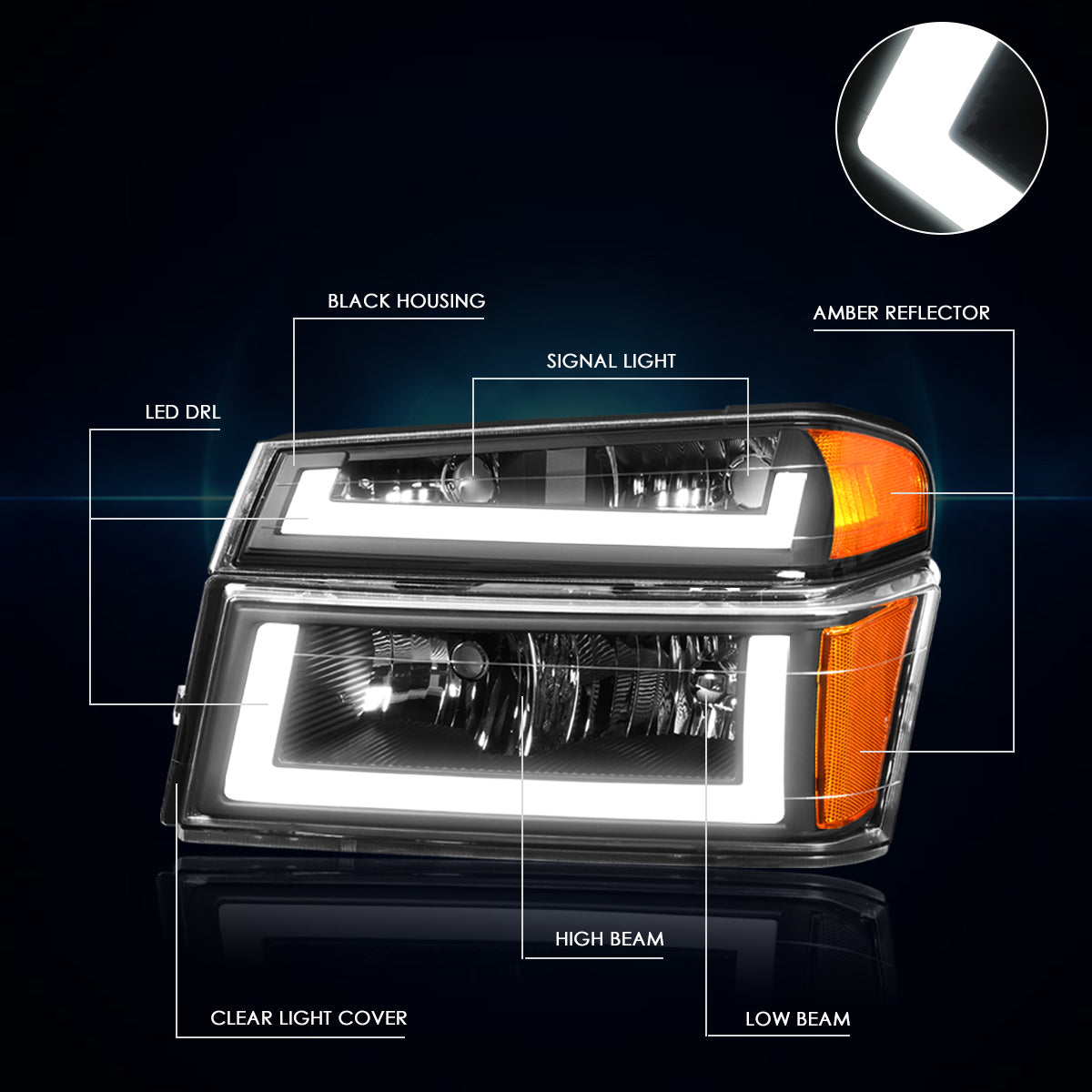 Black Housing LED DRL Headlights <br> 04-12 Chevy Colorado, GMC Canyon