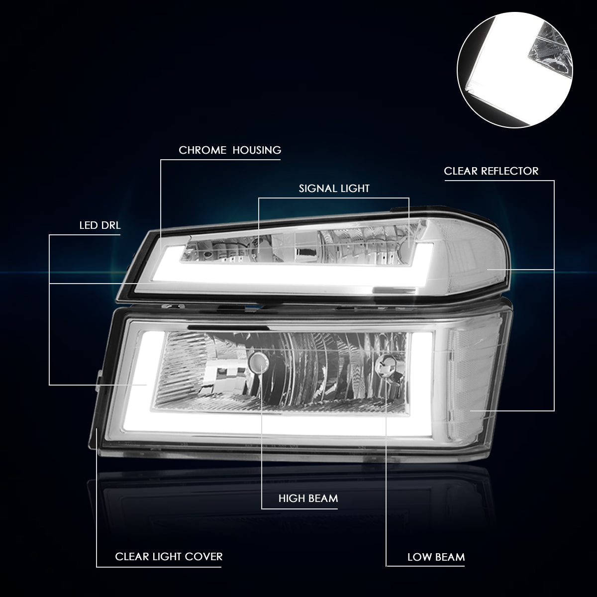 Chrome Housing LED DRL Headlights <br> 04-12 Chevy Colorado, GMC Canyon