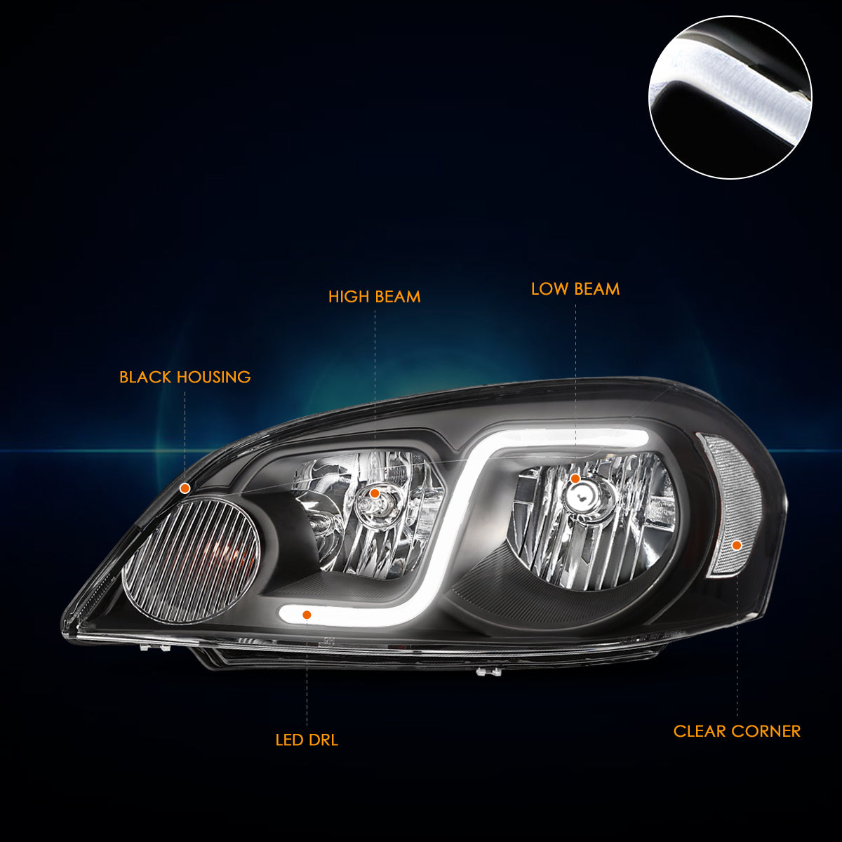 Black Housing LED DRL Headlights <br> 06-13 Chevy Impala, 06-07 Monte Carlo