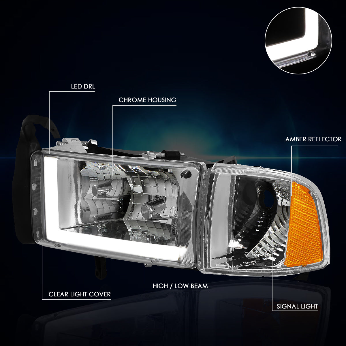 Chrome Housing LED DRL Headlights <br> 94-02 Dodge Ram 1500 2500 3500