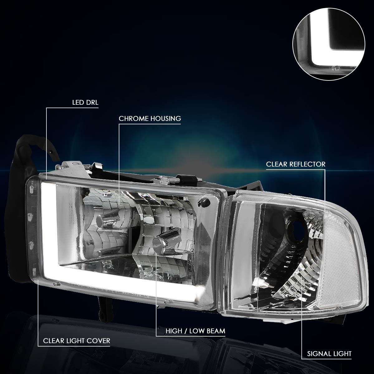 Chrome Housing LED DRL Headlights <br> 94-02 Dodge Ram 1500 2500 3500