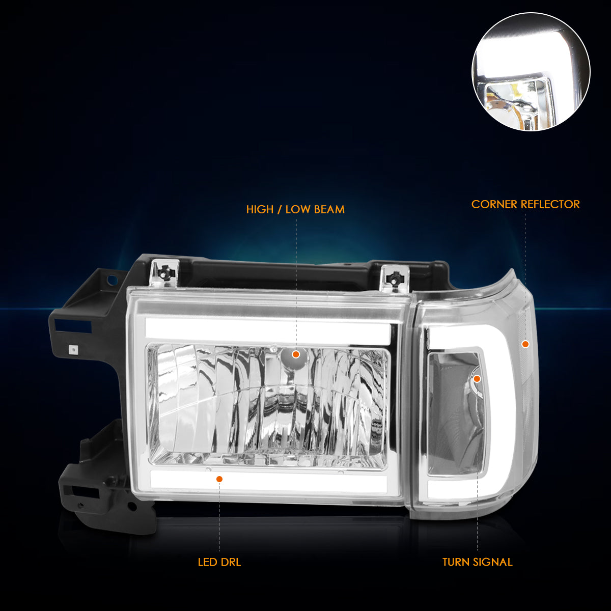 Chrome Housing LED DRL Headlights <br> 87-91 Ford F-150 F-250 F-350 Bronco