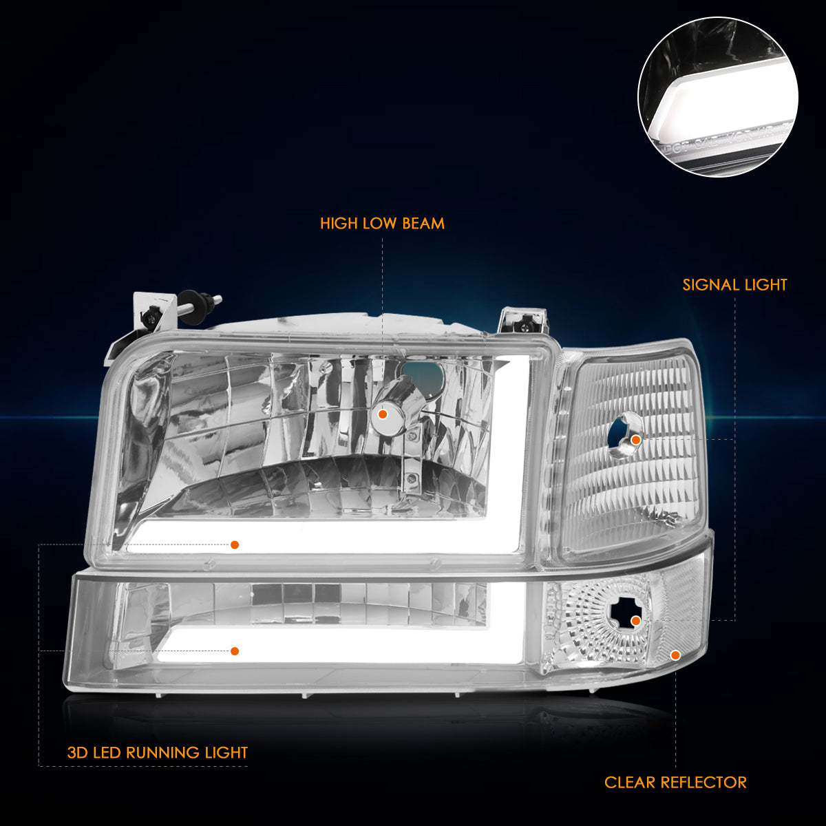 Chrome Housing LED DRL Headlights <br> 92-96 Ford F-150 F-250 F-350 Bronco