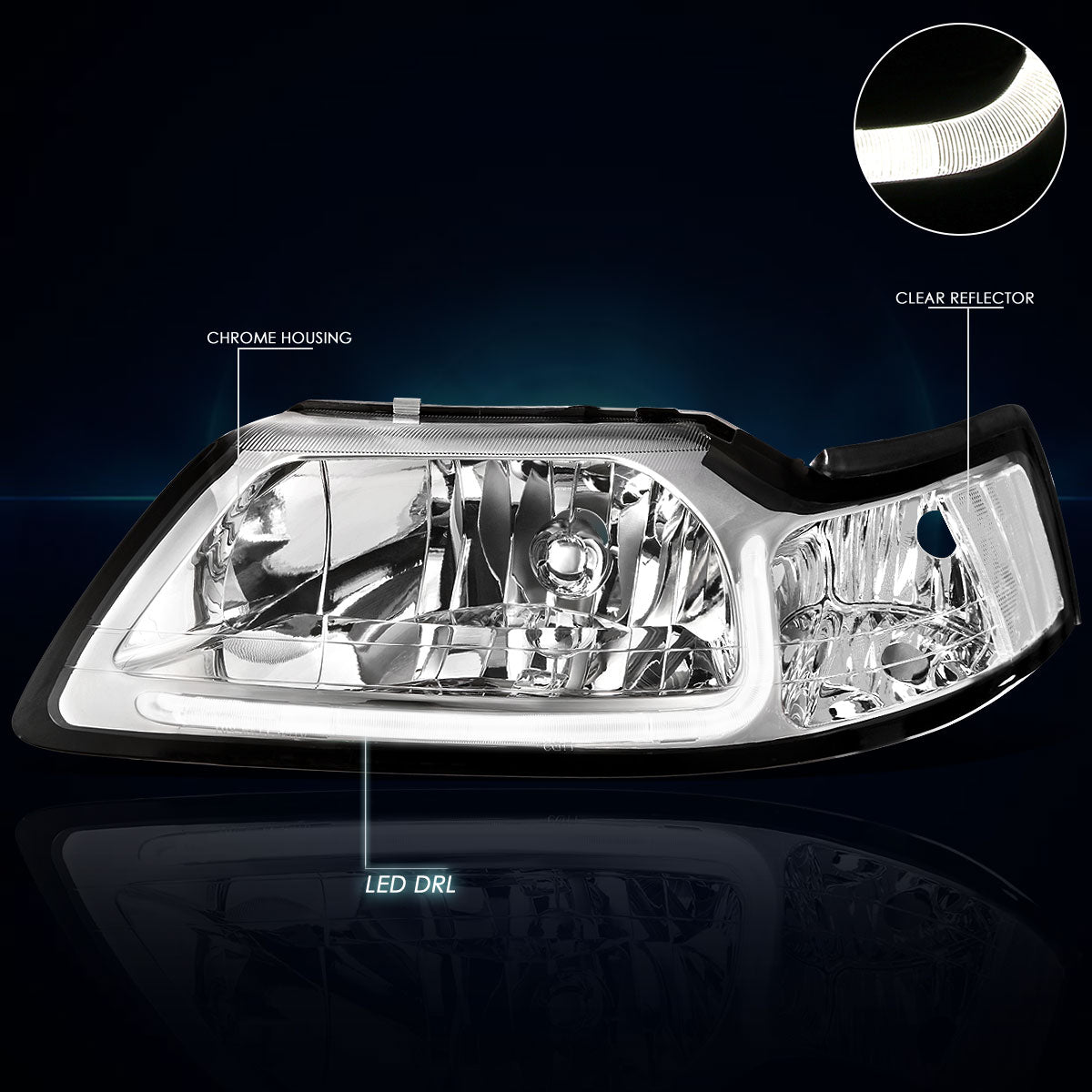 Chrome Housing LED DRL Headlights <br> 99-04 Ford Mustang