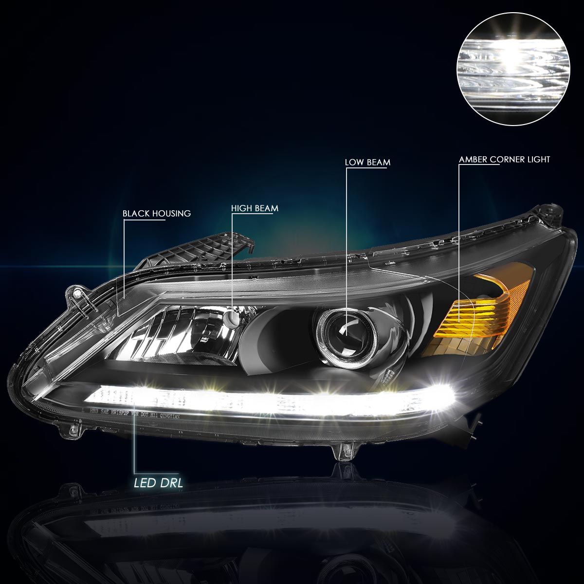 Black Housing LED DRL Projector Headlights <br> 13-15 Honda Accord 4-Door