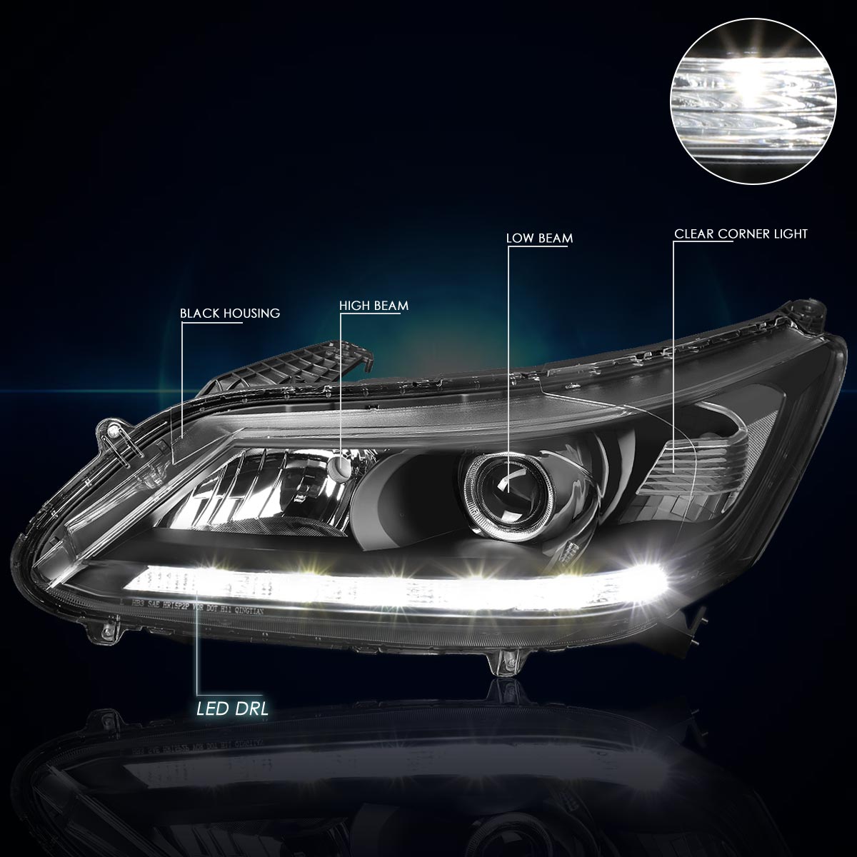 Black Housing LED DRL Projector Headlights <br> 13-15 Honda Accord 4-Door