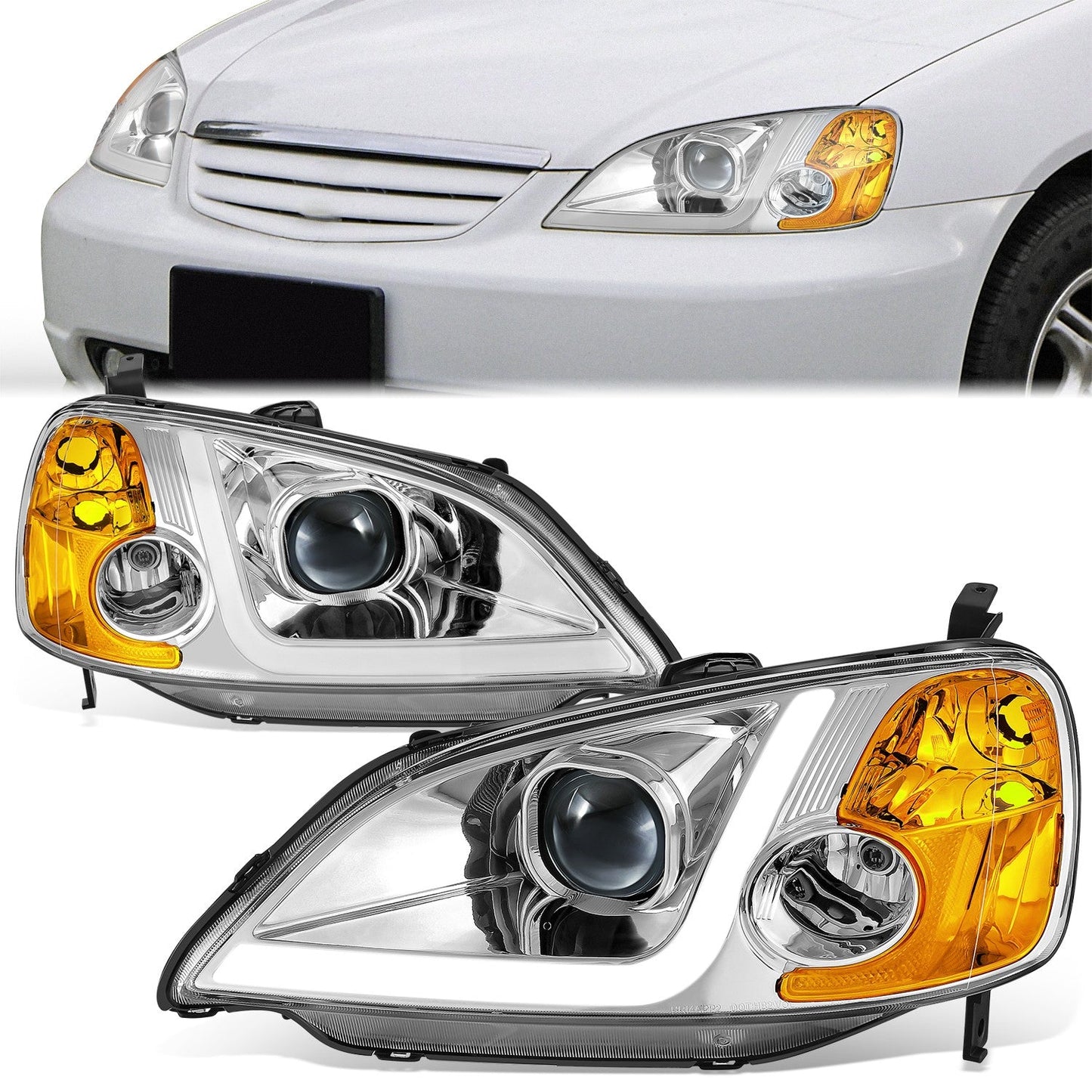 3D LED DRL Projector Headlights <BR> 01-03 Honda Civic Sedan / Coupe