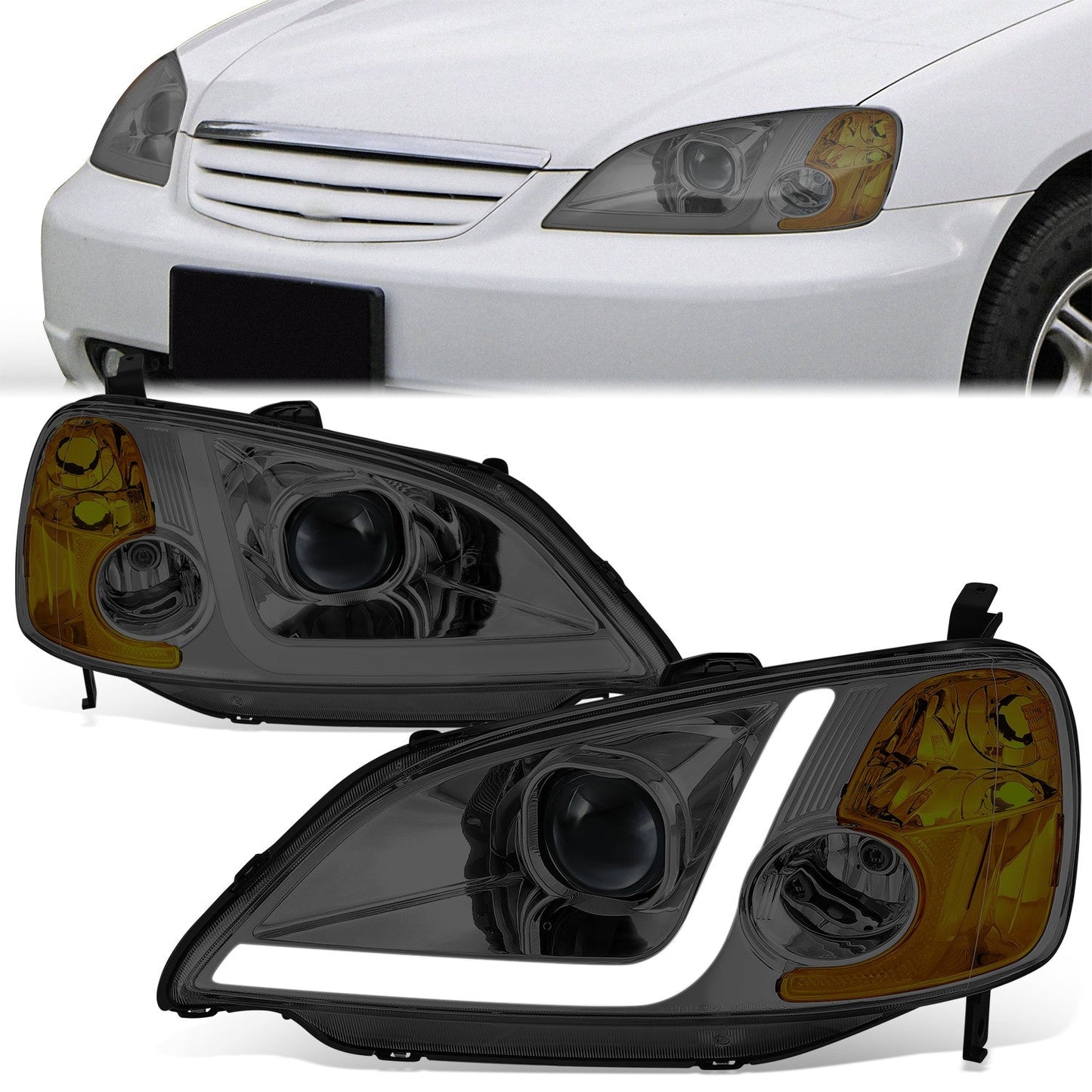 3D LED DRL Projector Headlights <BR> 01-03 Honda Civic Sedan / Coupe