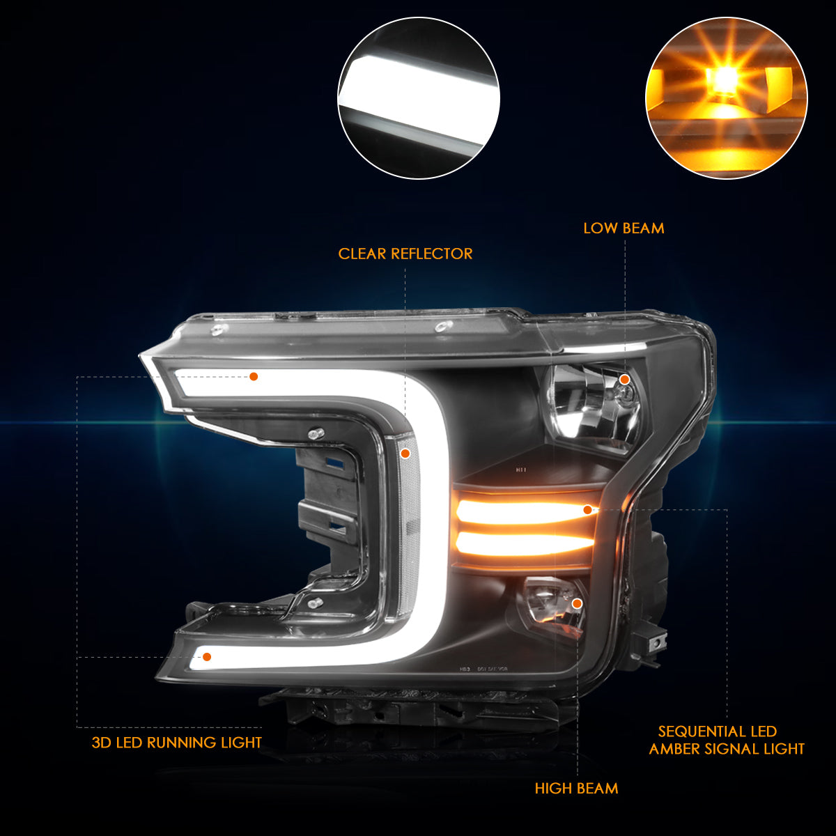 Black Housing LED DRL Sequential Headlights <br> 18-20 Ford F-150