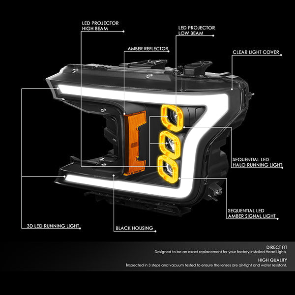 Triple Sequential LED DRL Projector Headlights<br>18-20 Ford F150