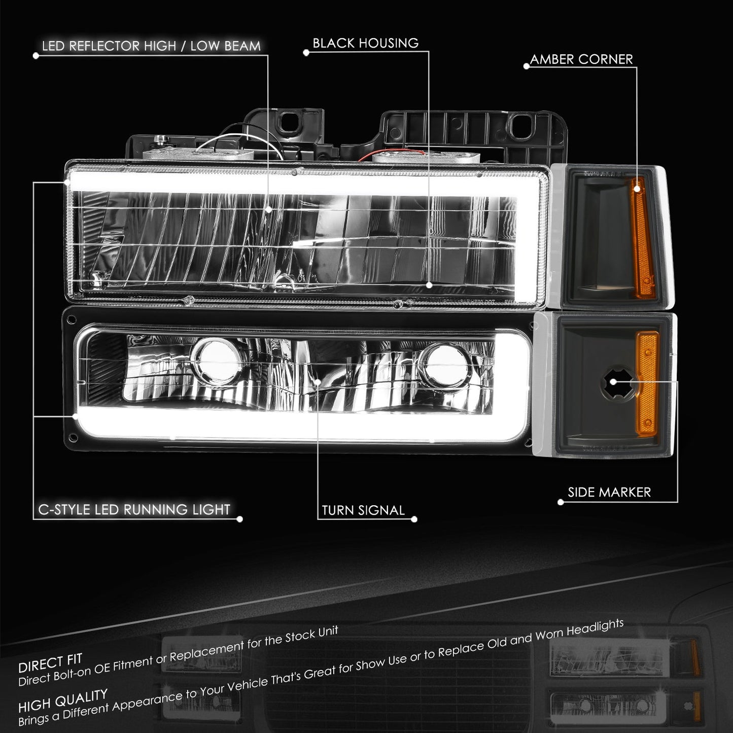 C-Full LED DRL Headlights+Turn Signal Lights <br>94-99 GMC C/K 1500 Yukon, C/K 1500-2500 Suburban