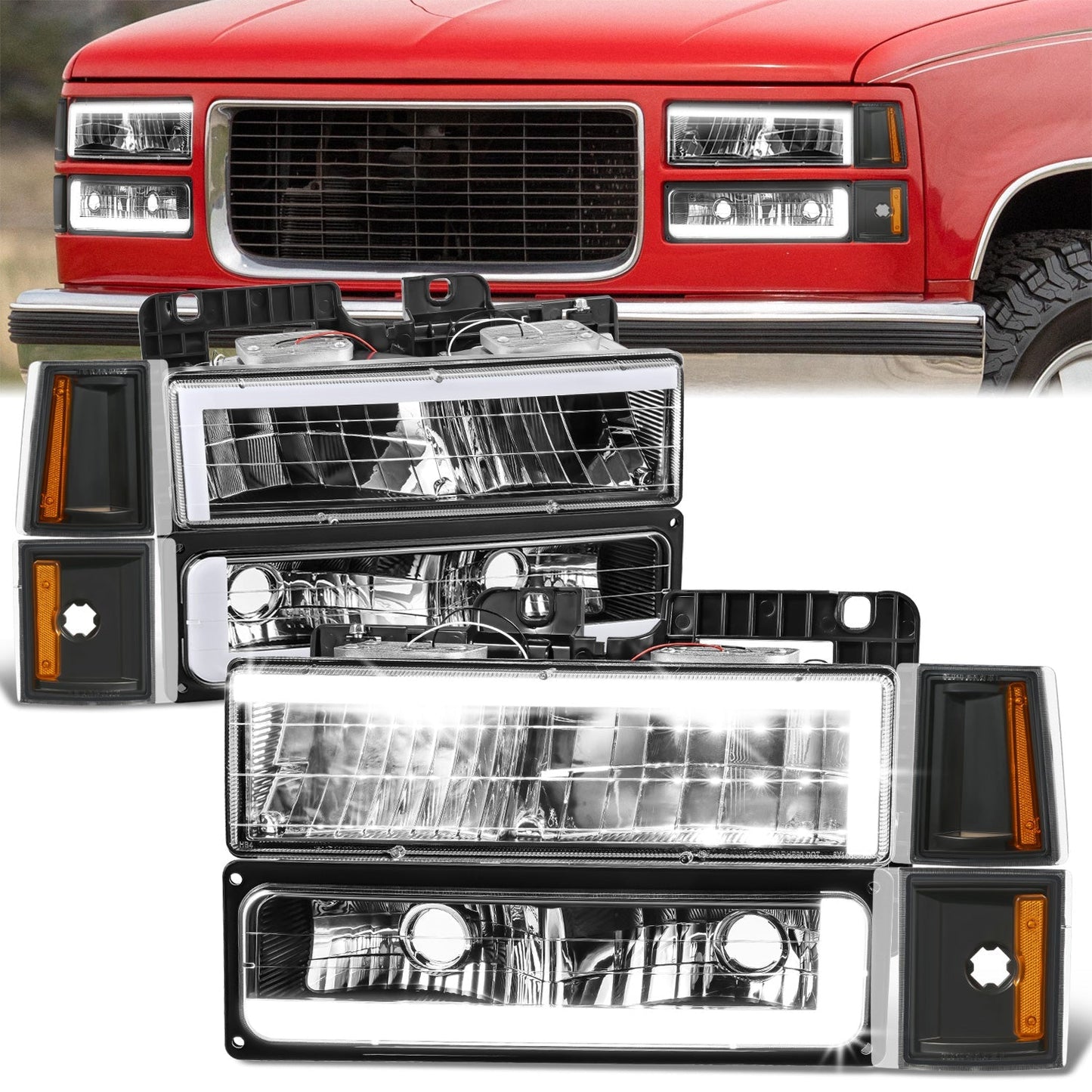 C-Full LED DRL Headlights+Turn Signal Lights <br>94-99 GMC C/K 1500 Yukon, C/K 1500-2500 Suburban