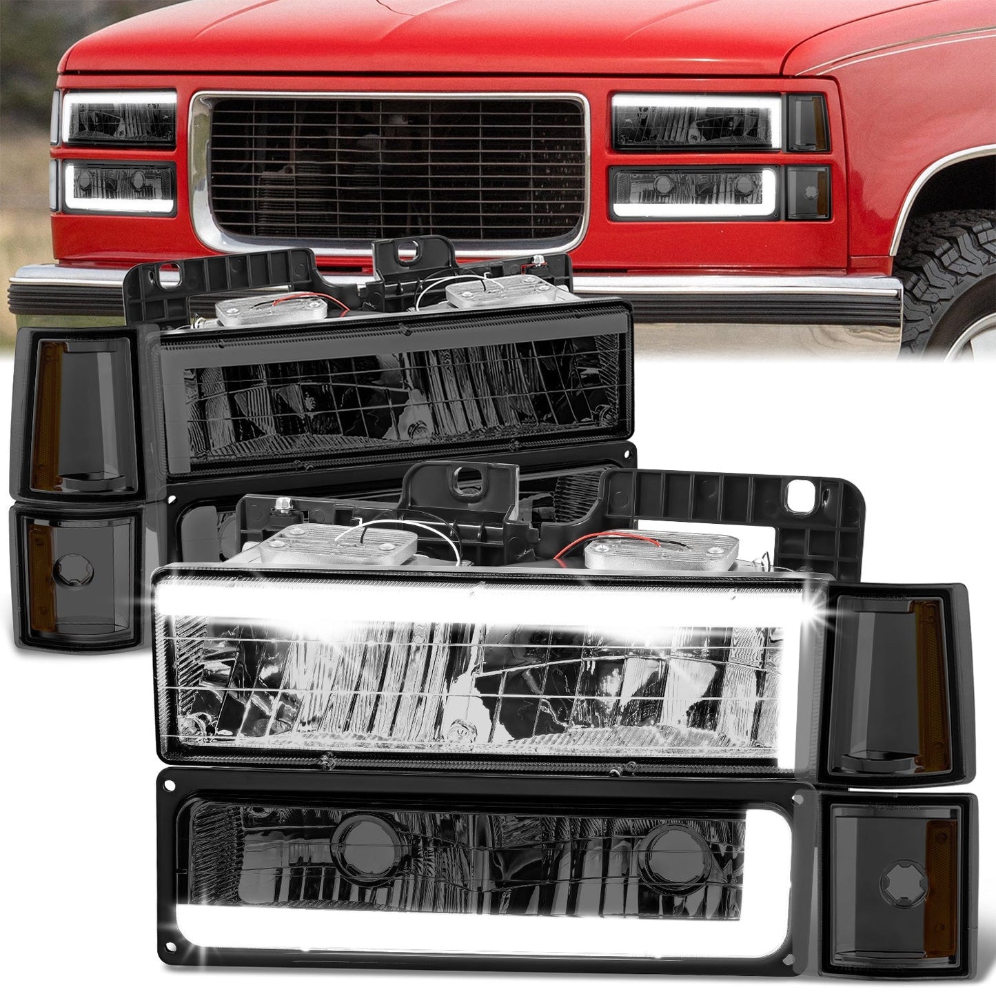 C-Full LED DRL Headlights+Turn Signal Lights <br>94-99 GMC C/K 1500 Yukon, C/K 1500-2500 Suburban