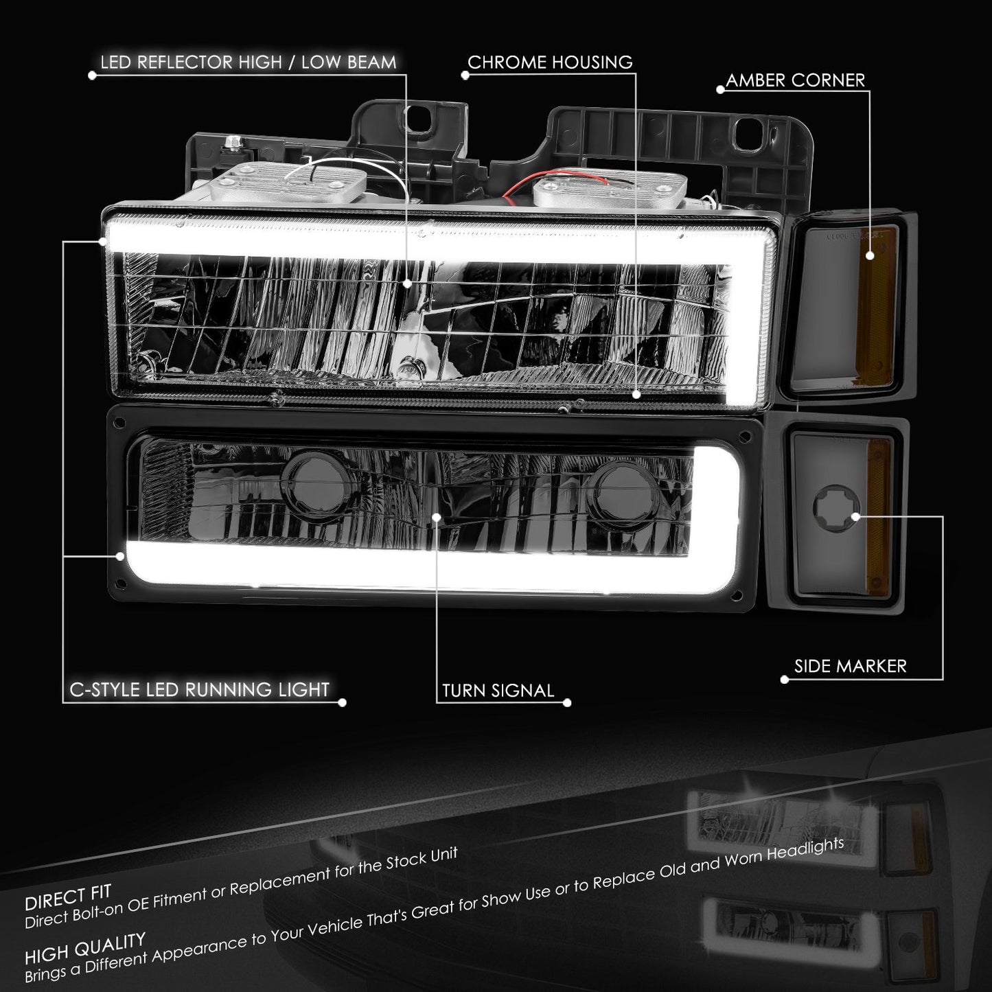 C-LED DRL Headlights+Turn Signal Lights <br>88-93 Chevy C/K 1500-3500 Suburban