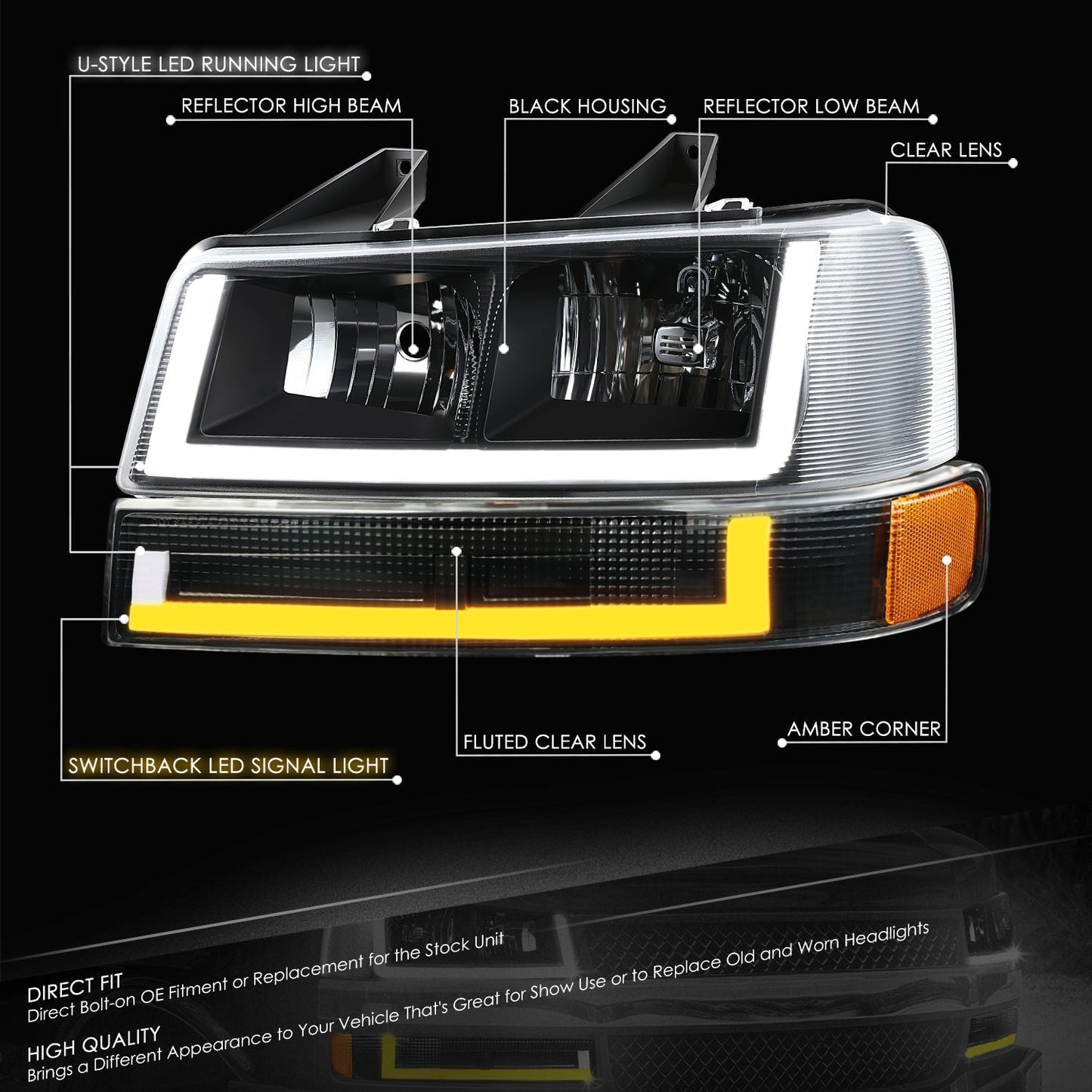 U-Style Bar Switchback LED Headlights <br>03-23 Checy Express, GMC Savana, 1500-4500