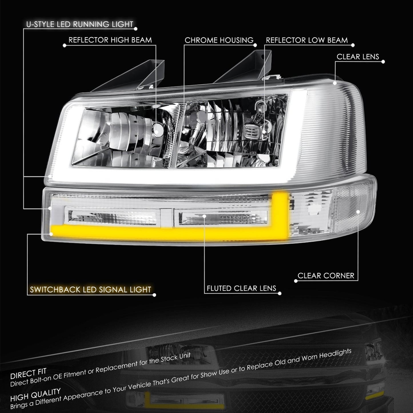 U-Style Bar Switchback LED Headlights <br>03-23 Checy Express, GMC Savana, 1500-4500