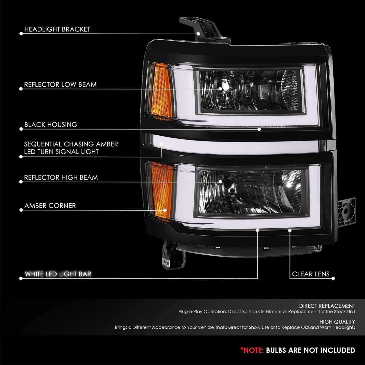 U-Shaped LED DRL Sequential Signals Headlights <br>14-15 Chevy Silverado 1500