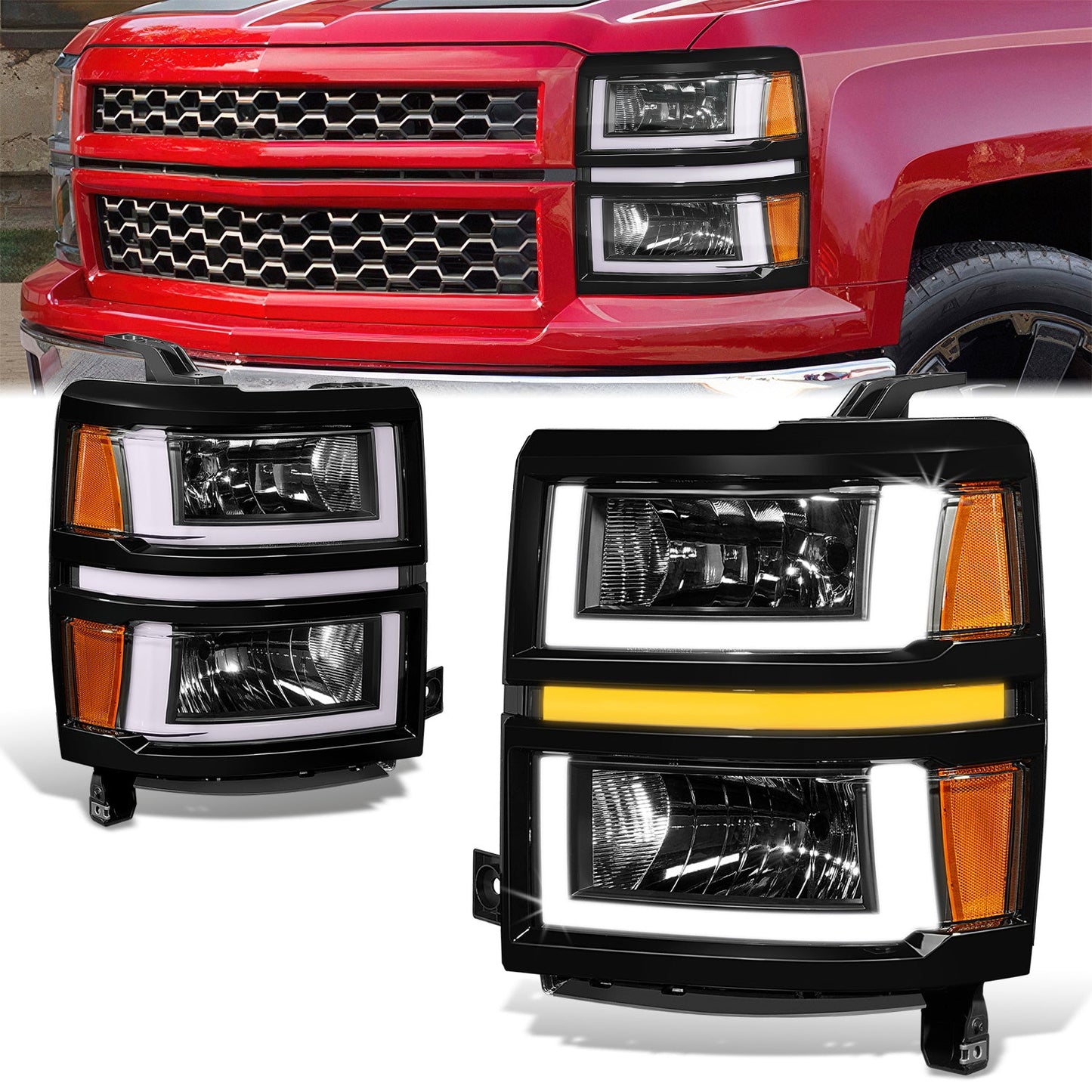 U-Shaped LED DRL Sequential Signals Headlights <br>14-15 Chevy Silverado 1500