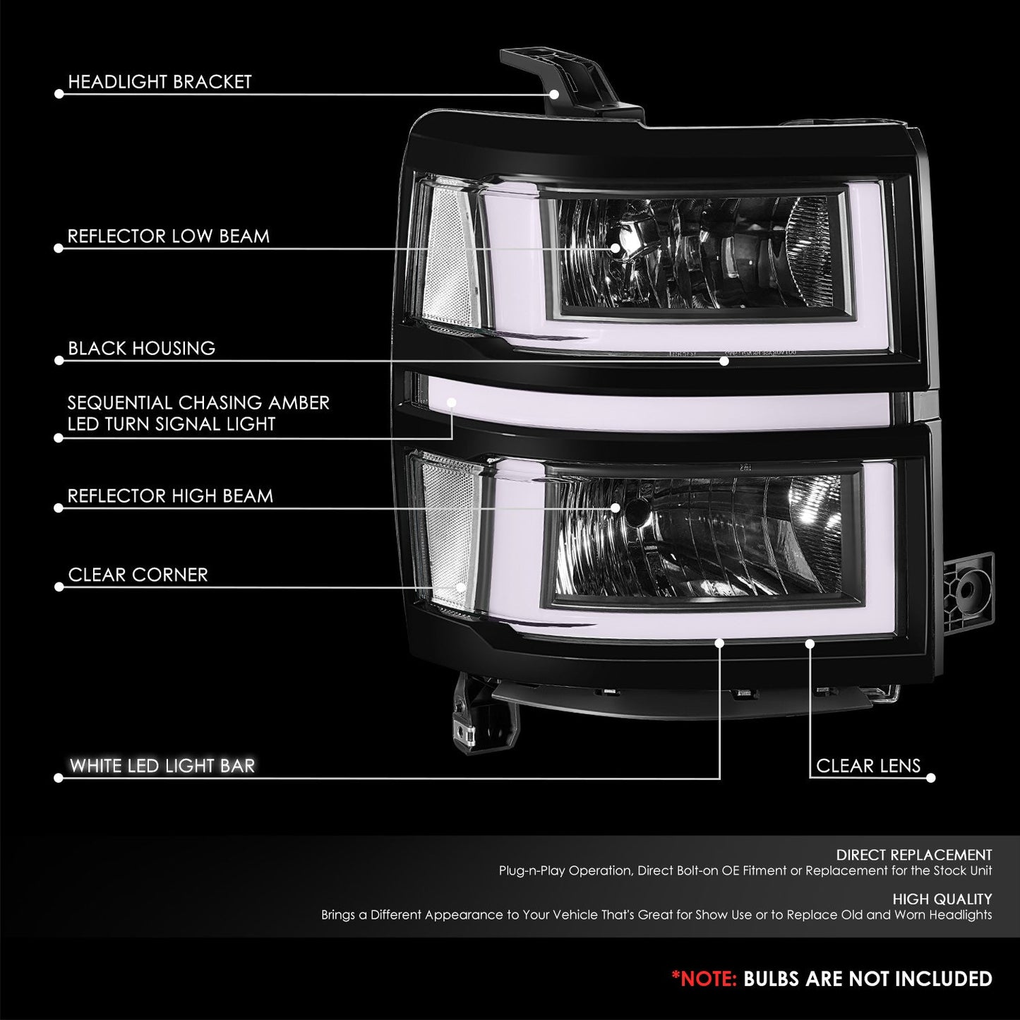 U-Shaped LED DRL Sequential Signals Headlights <br>14-15 Chevy Silverado 1500