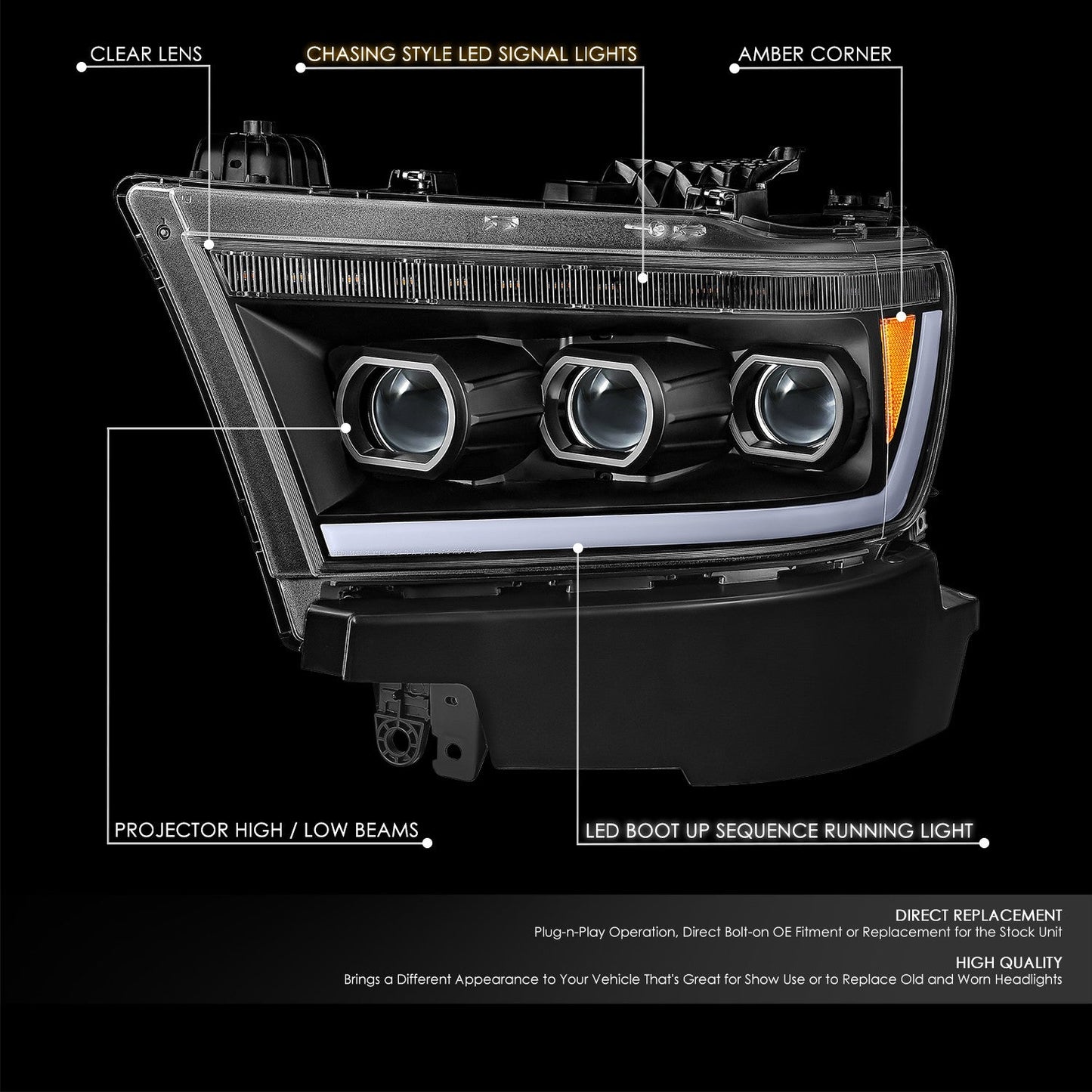 Start-Up DRL/ Sequential LED Projector Headlights <br> 19-24 Ram 1500