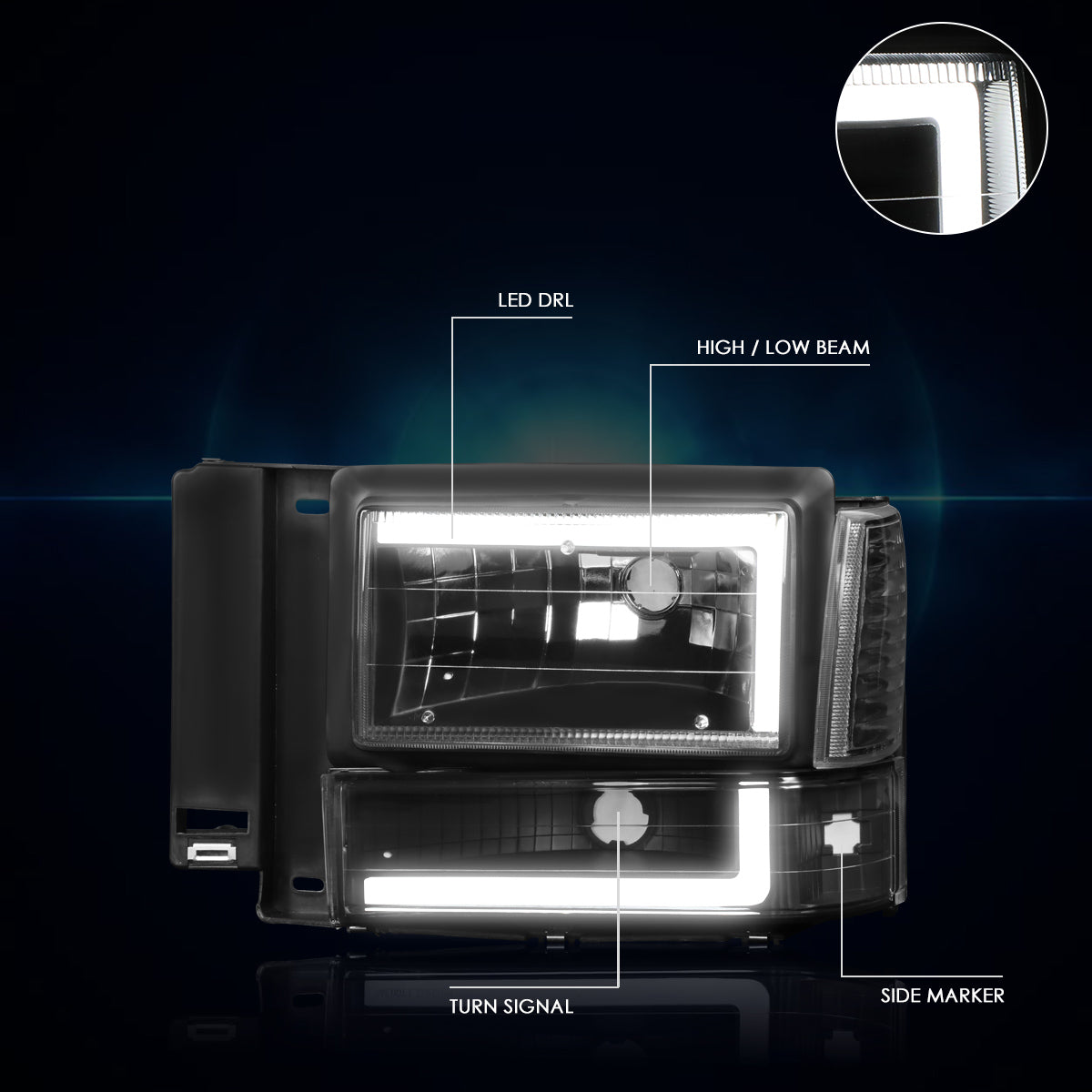 Black Housing LED DRL Headlights <br> 91-94 Ford Explorer