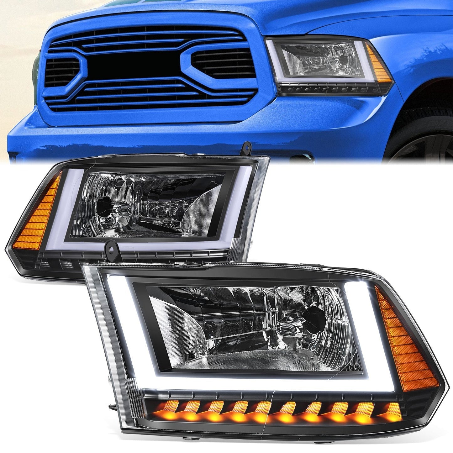 U-Shaped LED DRL Sequential Signals Headlights <br> 09-10 Dodge Ram 1500 2500 3500