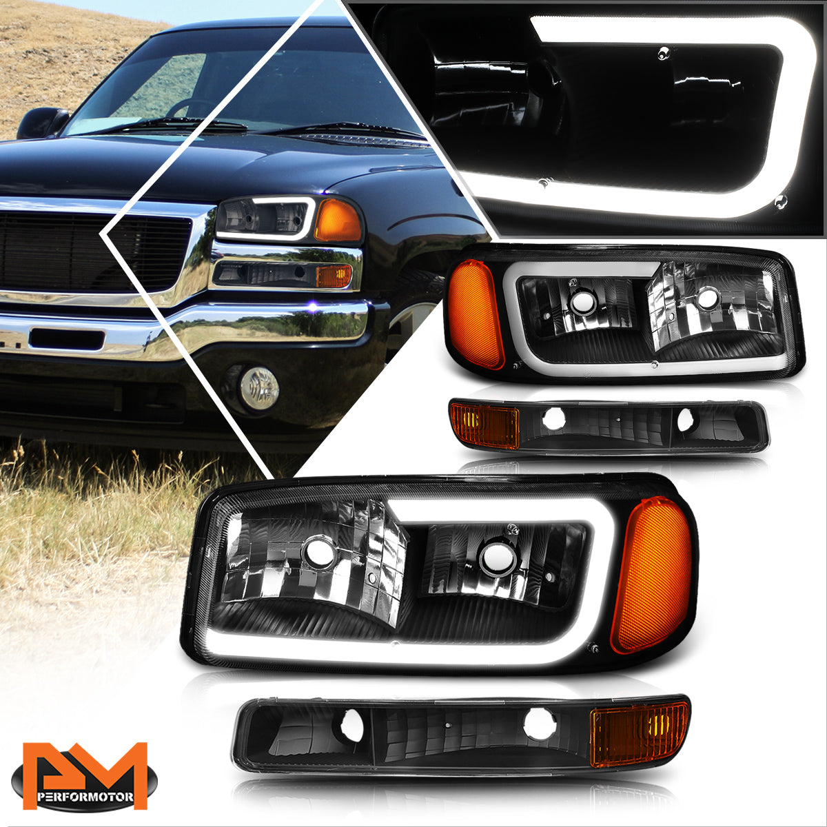 Black Housing LED DRL Headlights <br> 99-07 GMC Sierra 1500 2500 3500 Sierra C3 Yukon