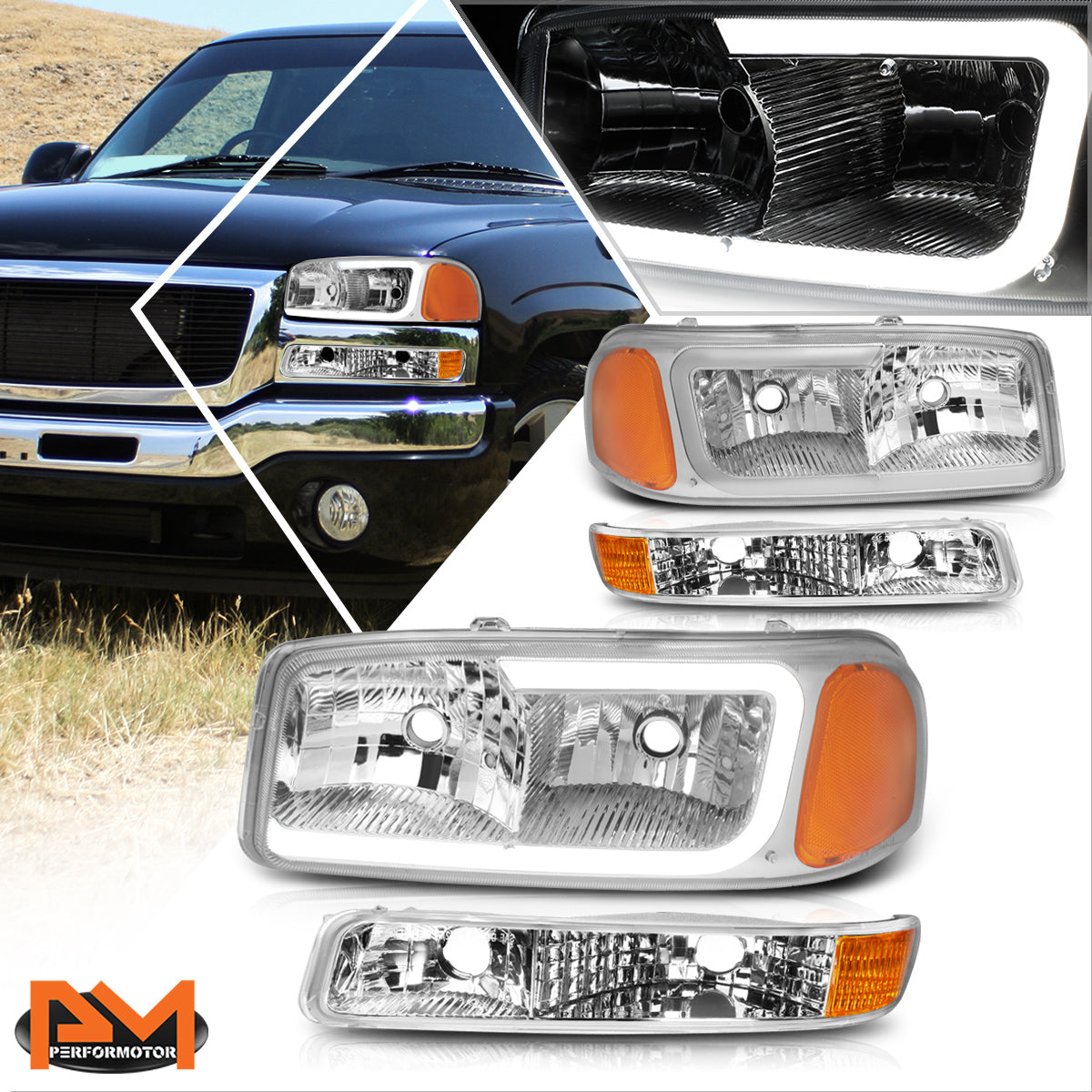 Chrome Housing LED DRL Headlights <br> 99-07 GMC Sierra 1500 2500 3500 Sierra C3 Yukon