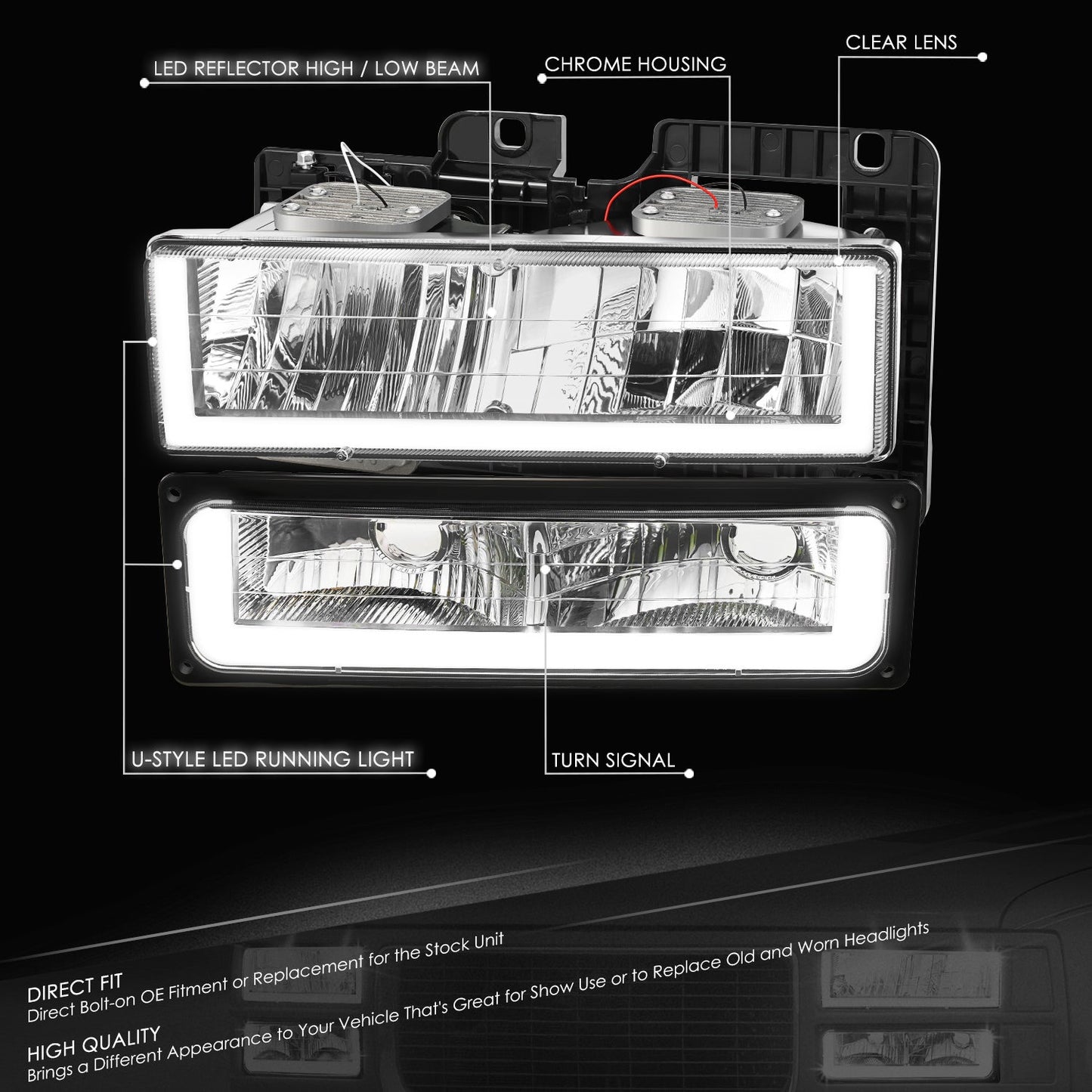 U-LED DRL Headlights+Turn Signal Lights <br>88-02 Chevy GMC C/K 1500-3500 Suburban,Yukon