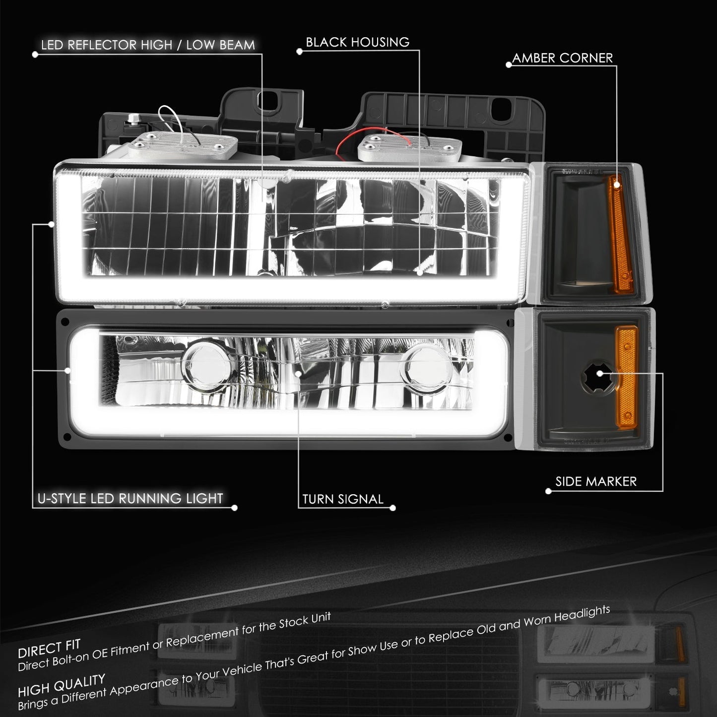 U-LED DRL Headlights+Turn Signal Lights <br>94-99 GMC C/K 1500 Yukon, C/K 1500-2500 Suburban