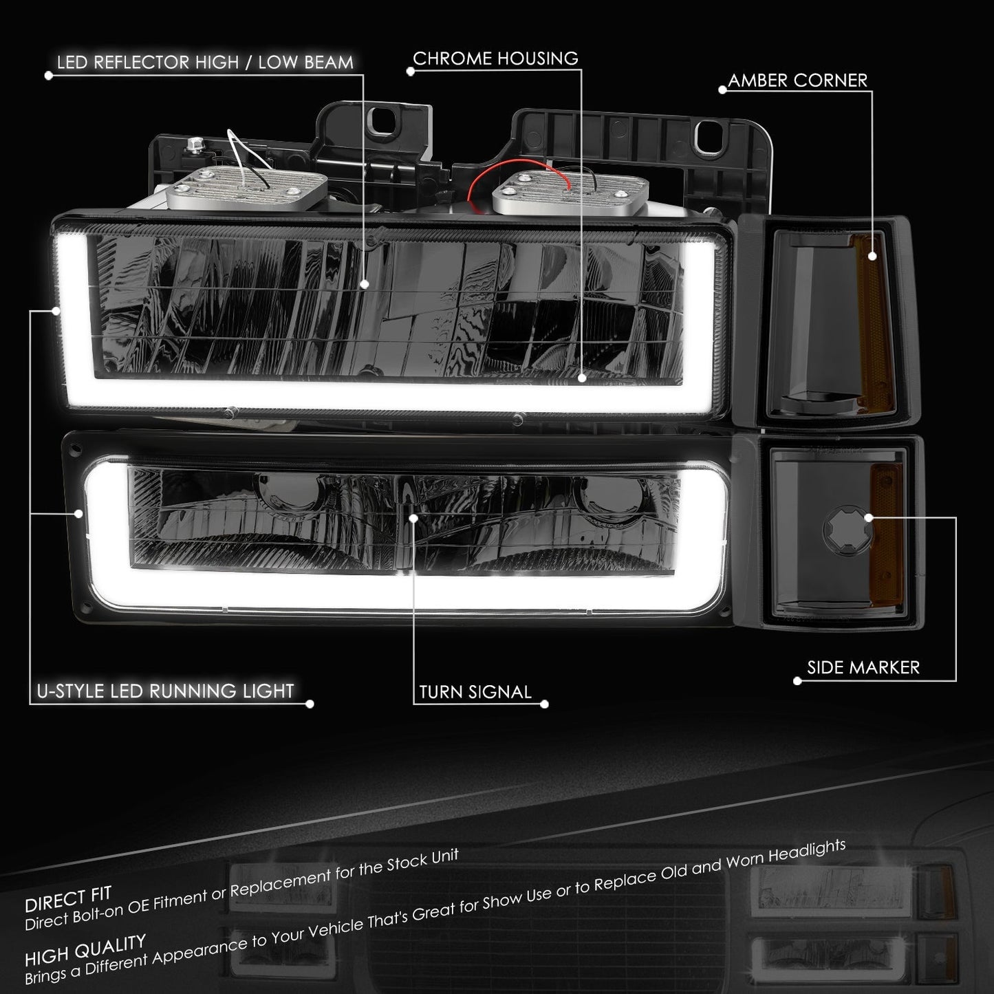 U-LED DRL Headlights+Turn Signal Lights <br>94-99 GMC C/K 1500 Yukon, C/K 1500-2500 Suburban