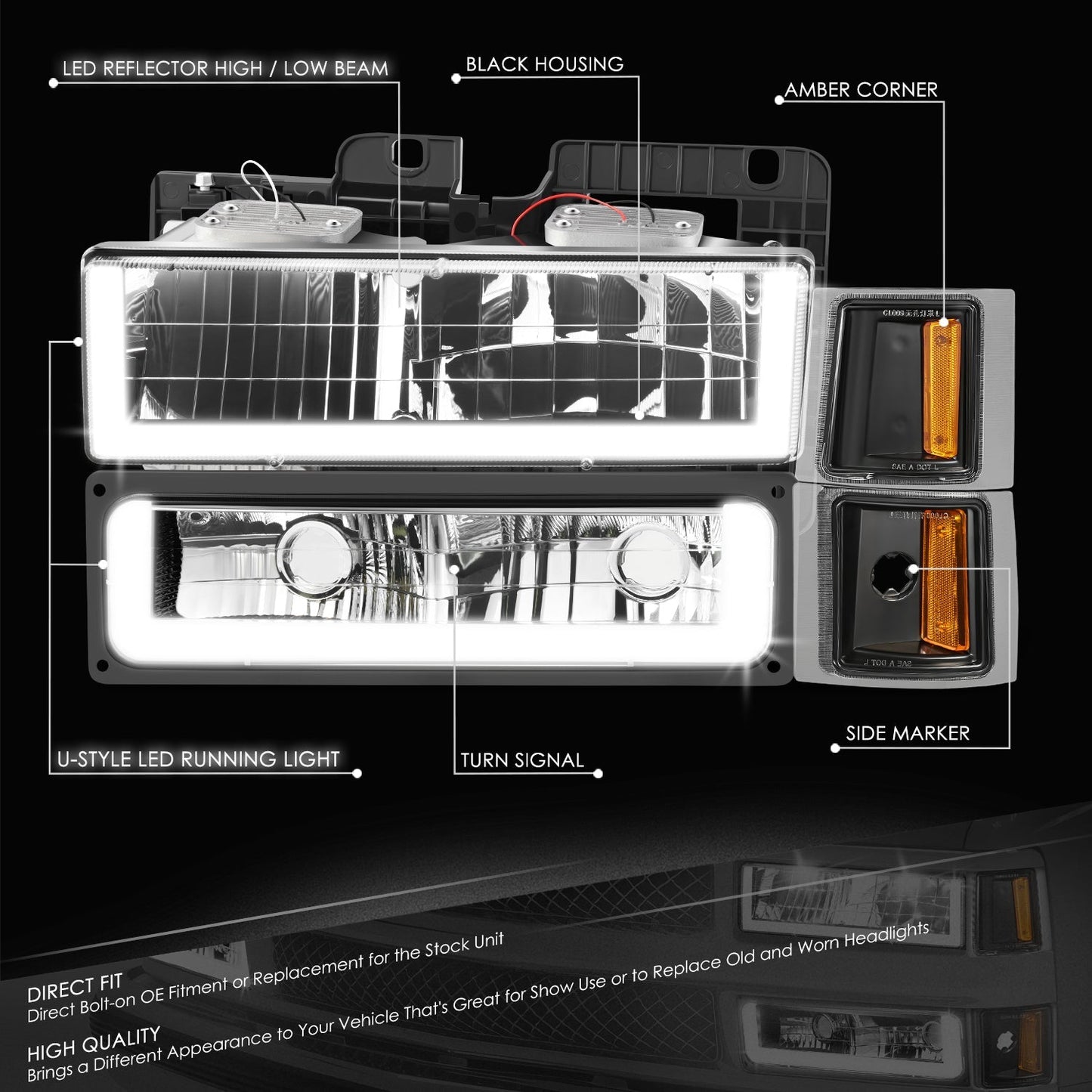 U-LED DRL Headlights+Turn Signal Lights <br>94-02 Chevy C/K 1500-3500 Suburban, Tahoe