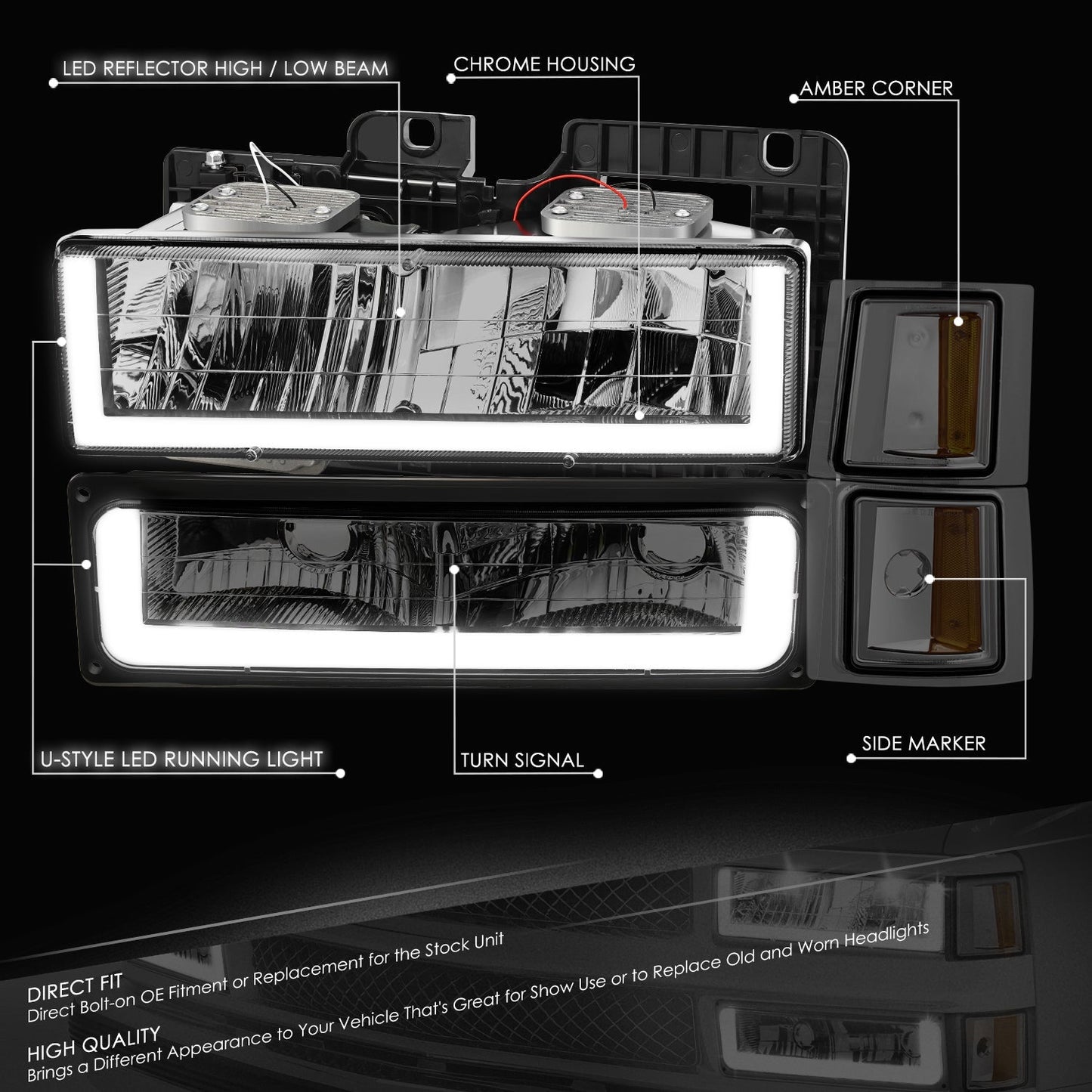 U-LED DRL Headlights+Turn Signal Lights <br>94-02 Chevy C/K 1500-3500 Suburban, Tahoe