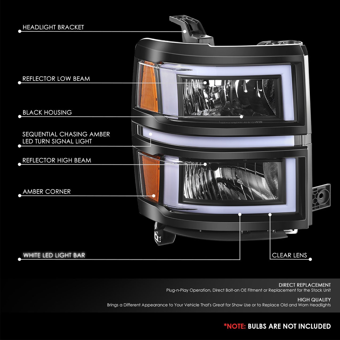 Box-Shaped LED DRL Sequential Signals Headlights <br>14-15 Chevy Silverado 1500