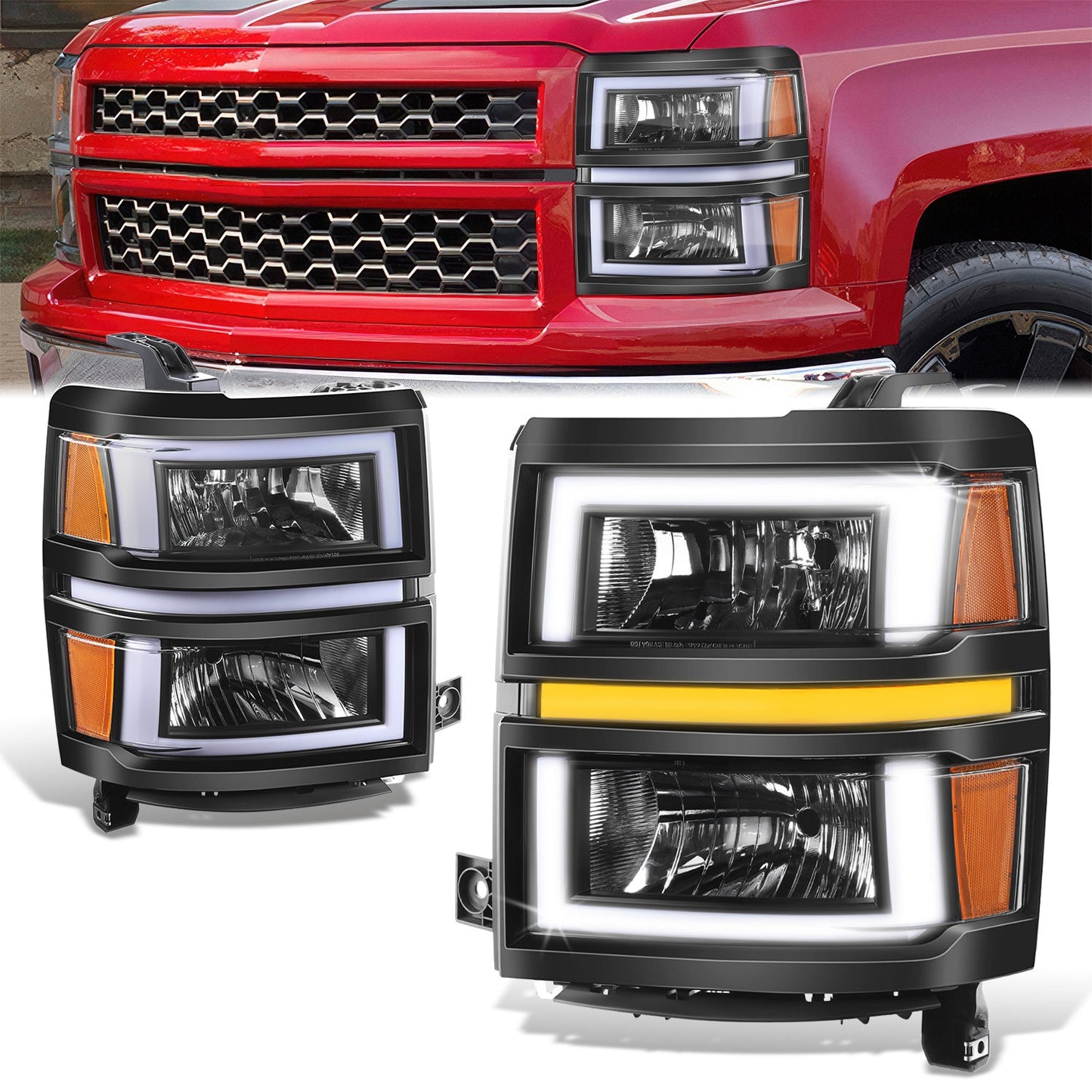 Box-Shaped LED DRL Sequential Signals Headlights <br>14-15 Chevy Silverado 1500