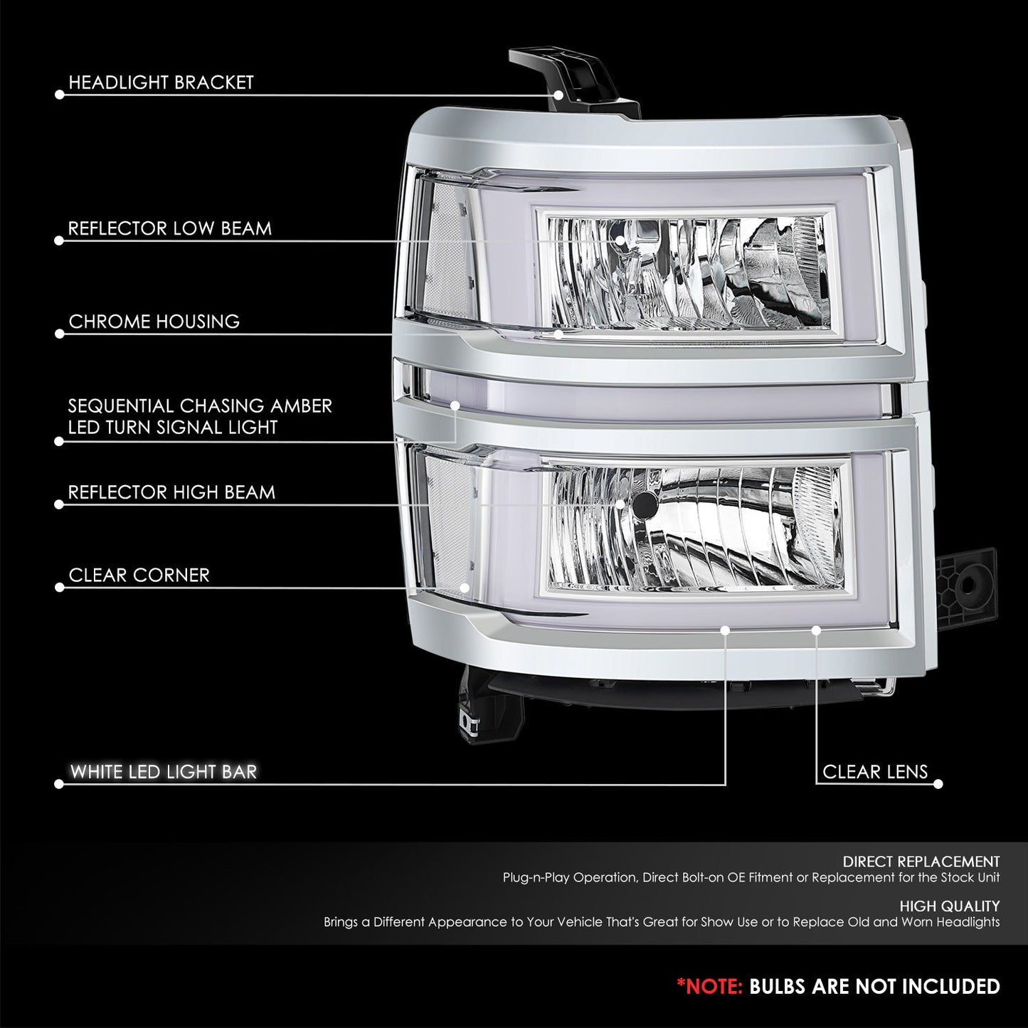 Box-Shaped LED DRL Sequential Signals Headlights <br>14-15 Chevy Silverado 1500