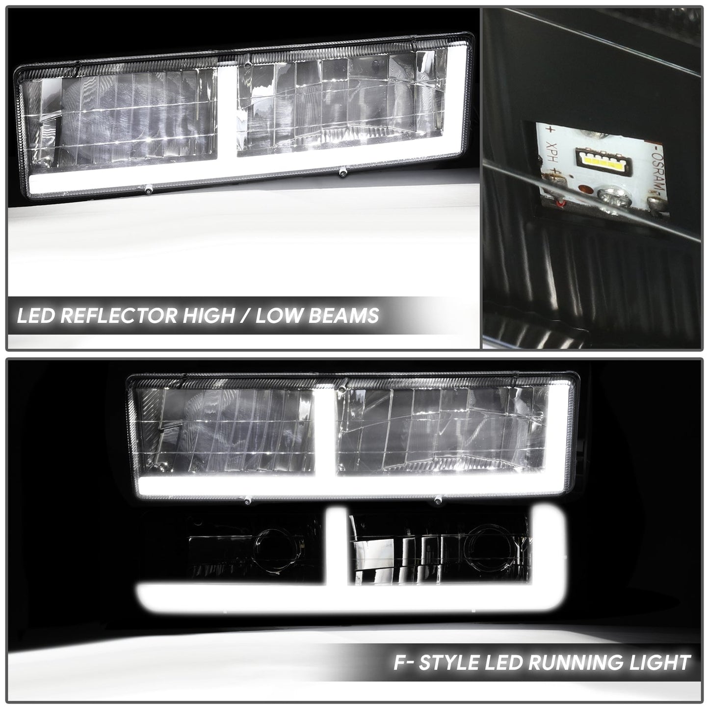 8pcs F-Style LED DRL Headlight Set (Black) <br>94-00 GMC C10 C/K Pickup, Suburban, Yukon