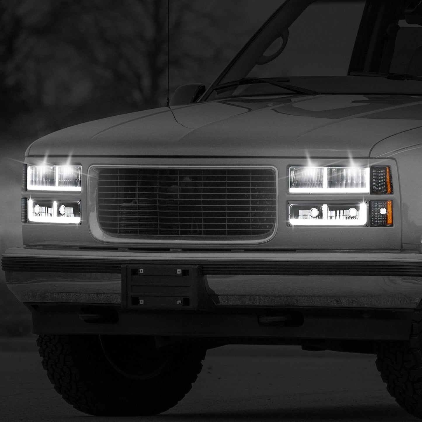 8pcs F-Style LED DRL Headlight Set (Black) <br>94-00 GMC C10 C/K Pickup, Suburban, Yukon